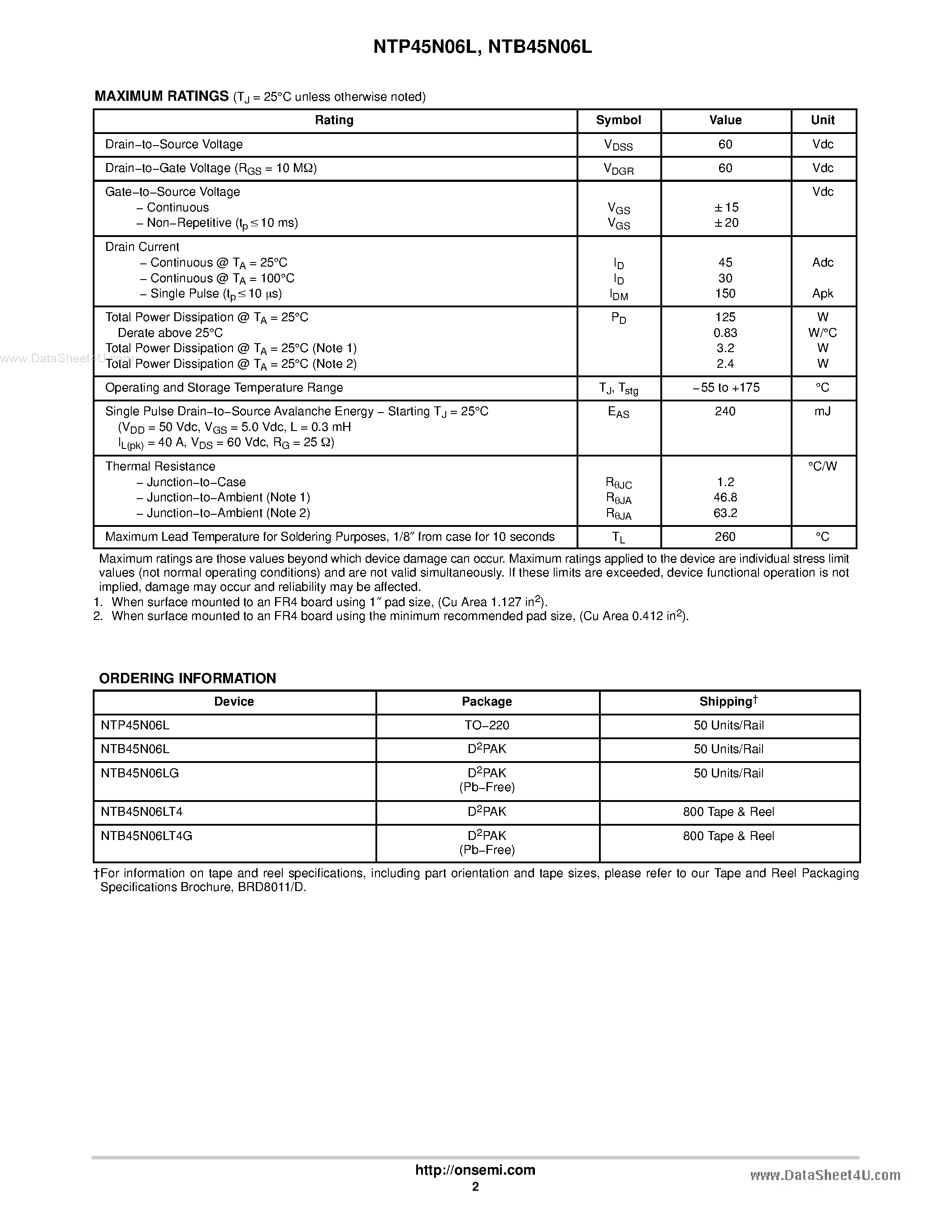Datasheet NTB45N06L page 2 Datasheet NTB45N06L - N-Channel TO-220 and D2PAK page 2