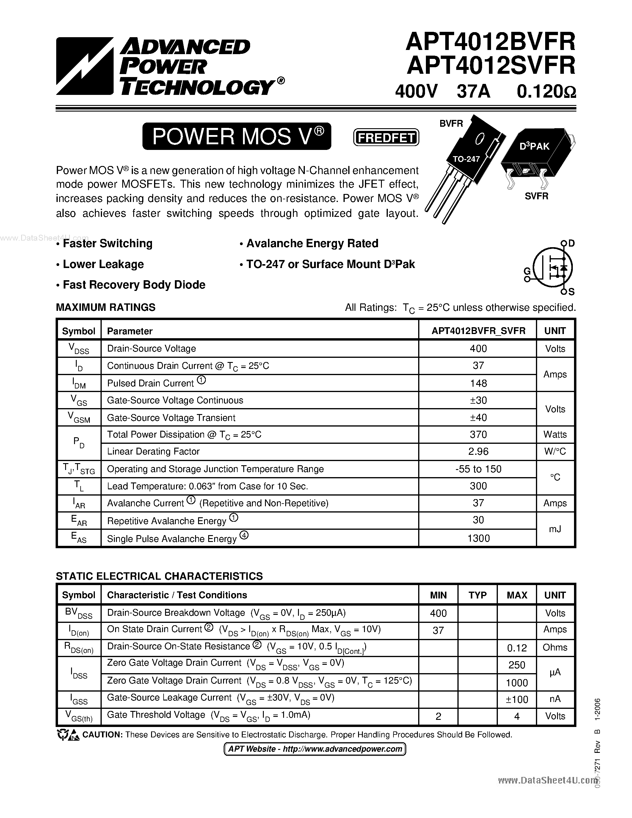 Datasheet APT4012BVFR - POWER MOS V FREDFET page 1