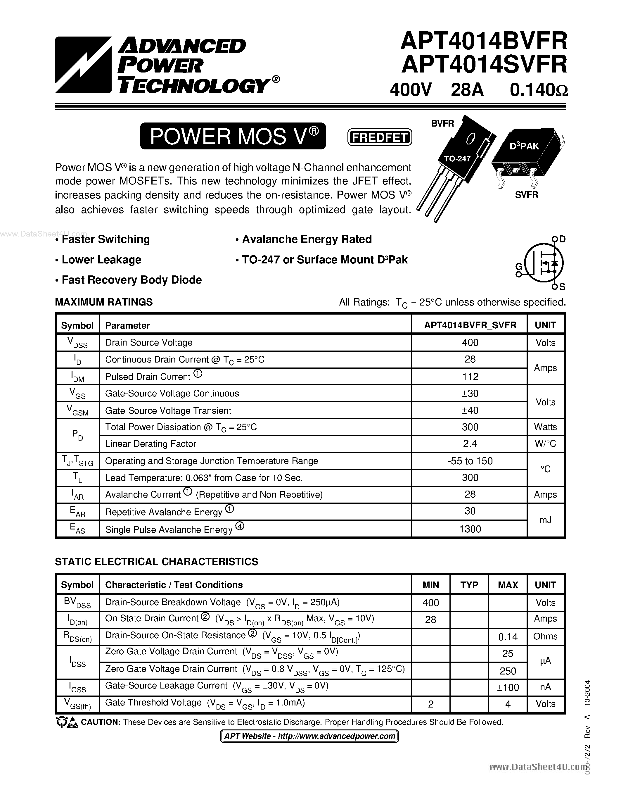 Datasheet APT4014BVFR - POWER MOS V FREDFET page 1