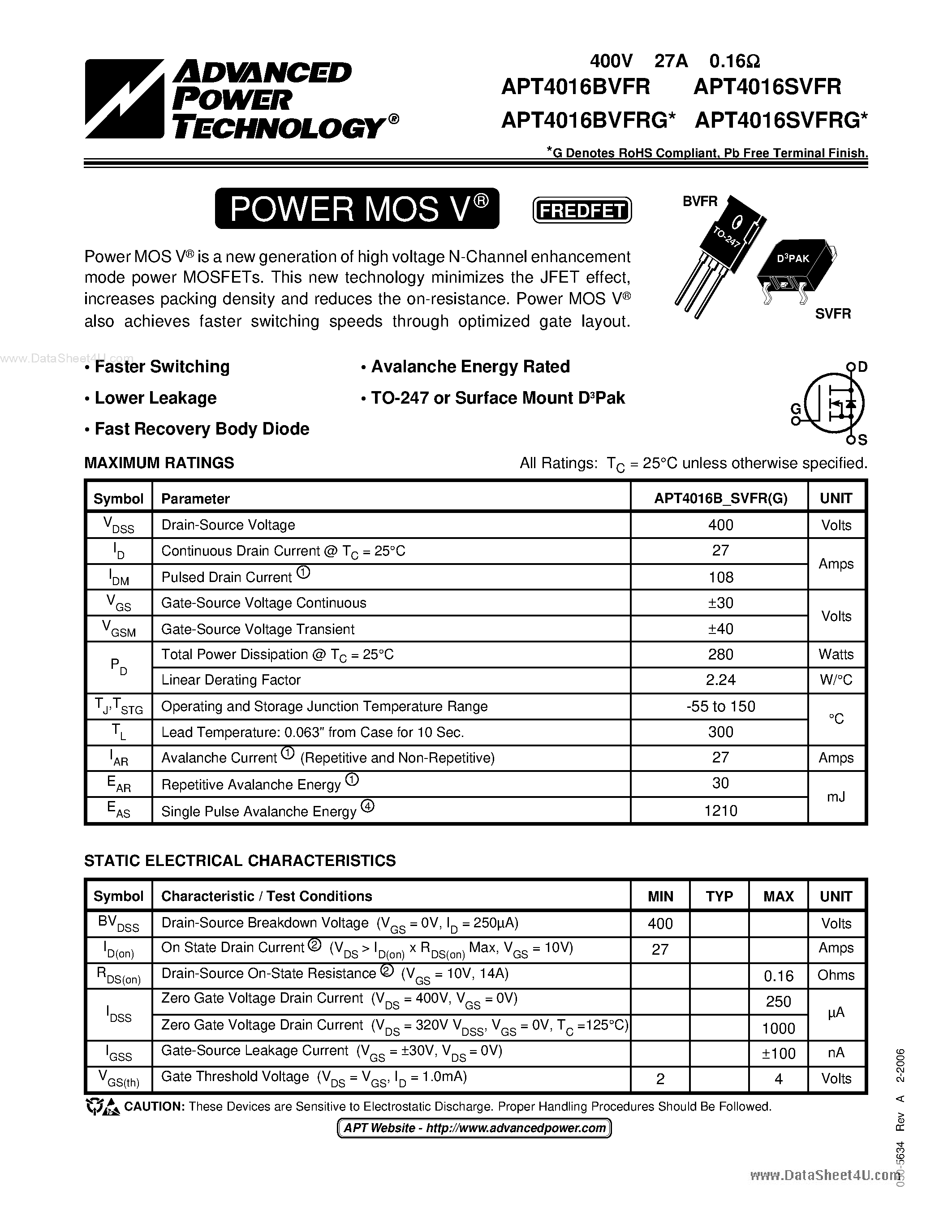 Datasheet APT4016BVFR page 1 Datasheet APT4016BVFR - POWER MOS V FREDFET page 1