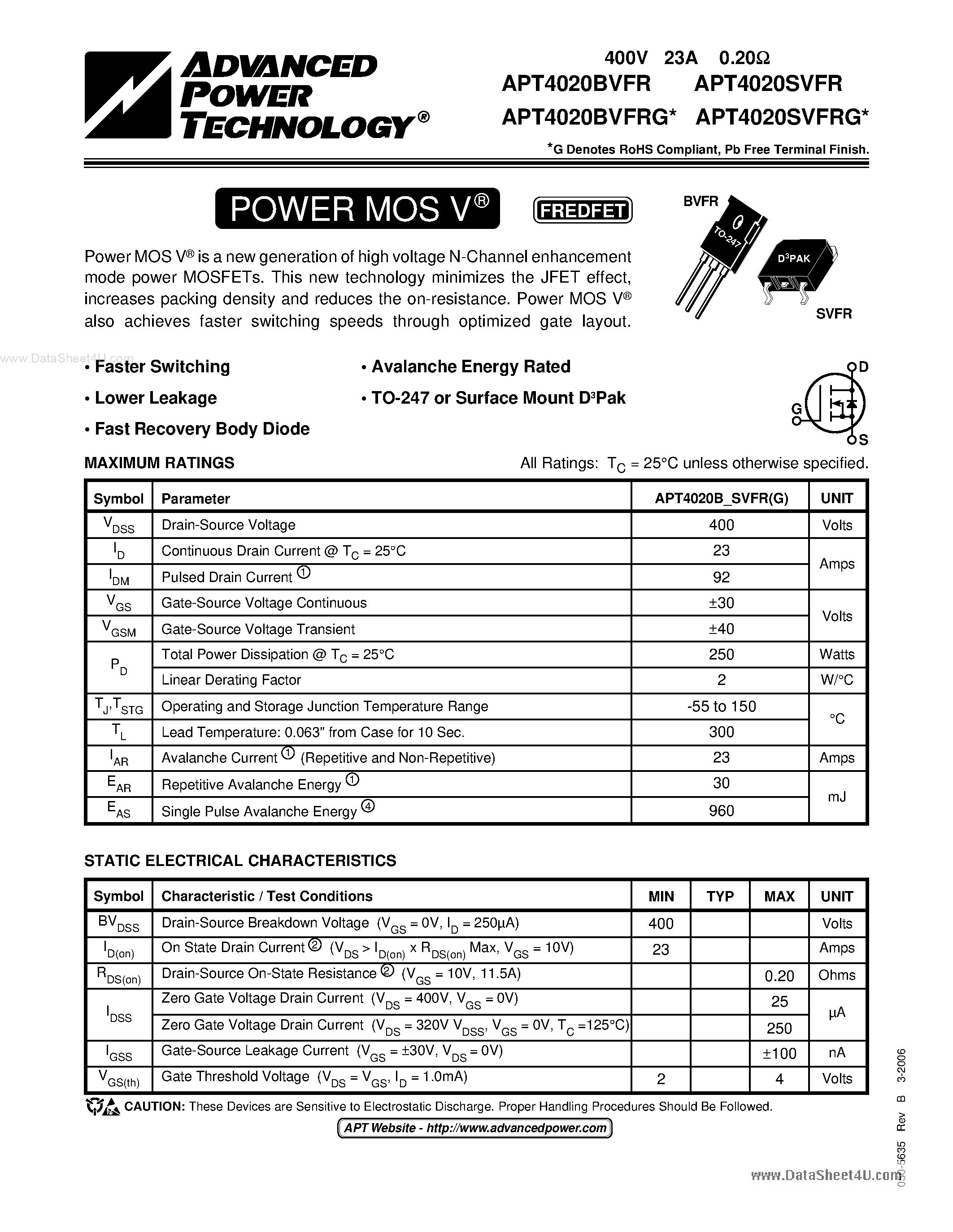 Datasheet APT4020BVFRG page 1 Datasheet APT4020BVFRG - POWER MOS V FREDFET page 1