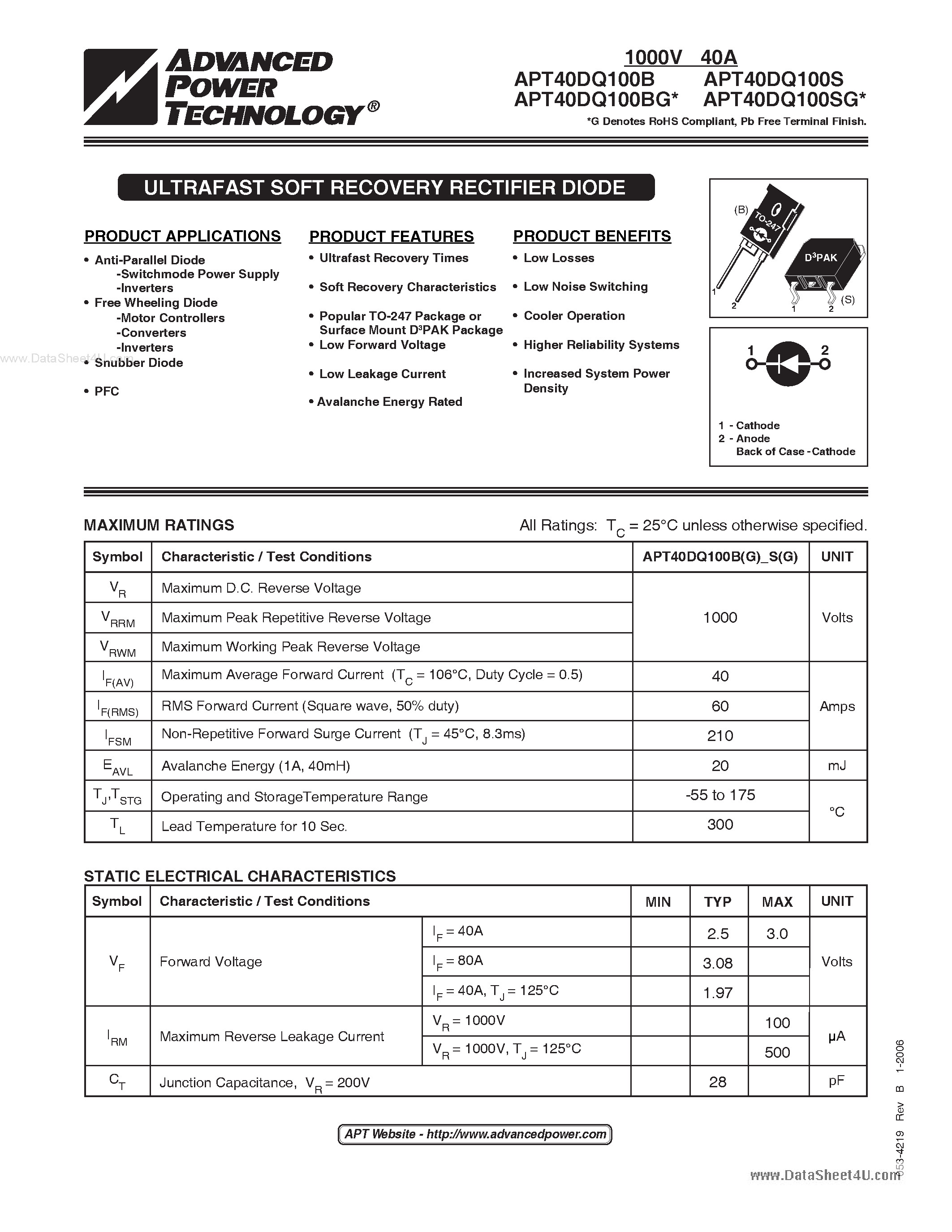 Datasheet APT40DQ100B - ULTRAFAST SOFT RECOVERY RECTIFIER DIODE page 1