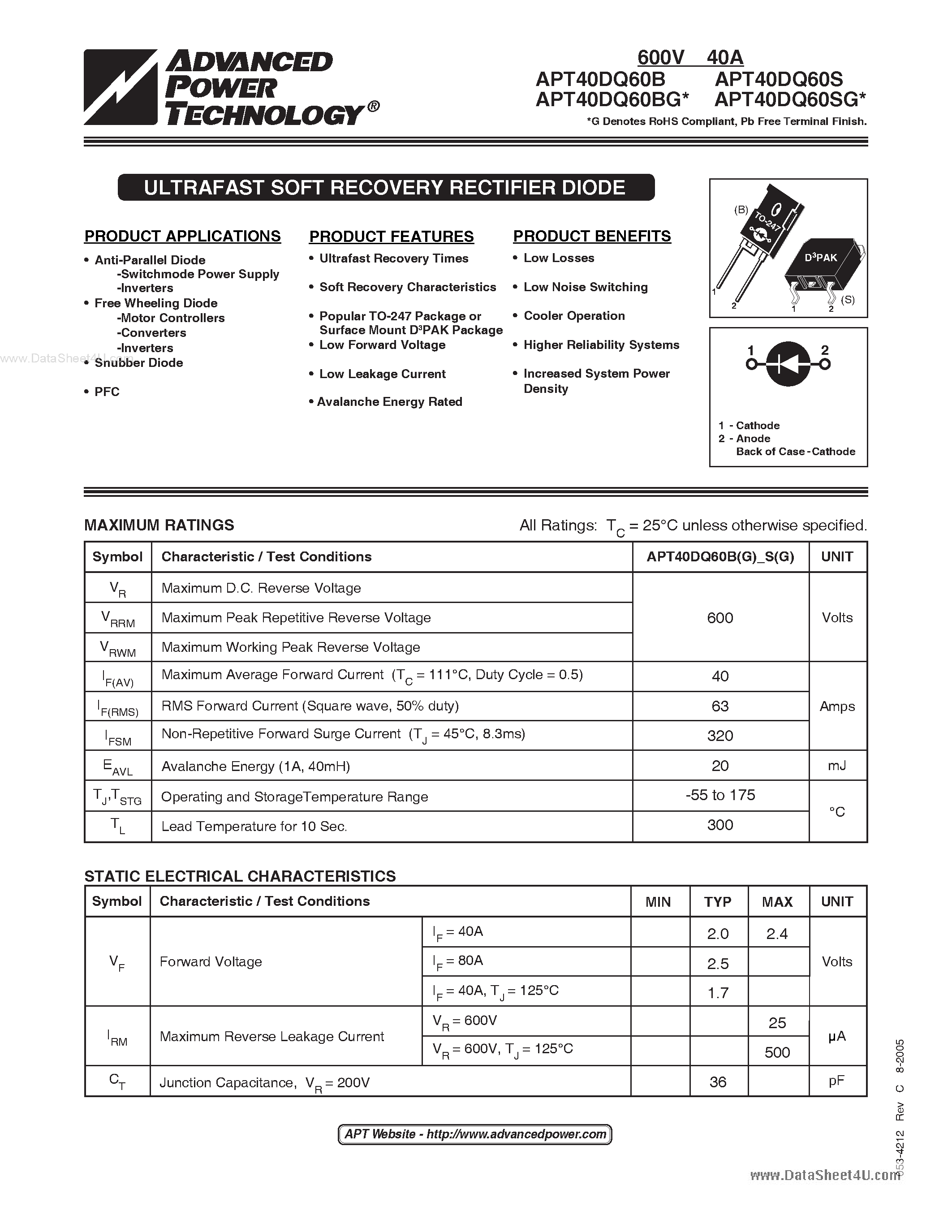 Datasheet APT40DQ60B - ULTRAFAST SOFT RECOVERY RECTIFIER DIODE page 1