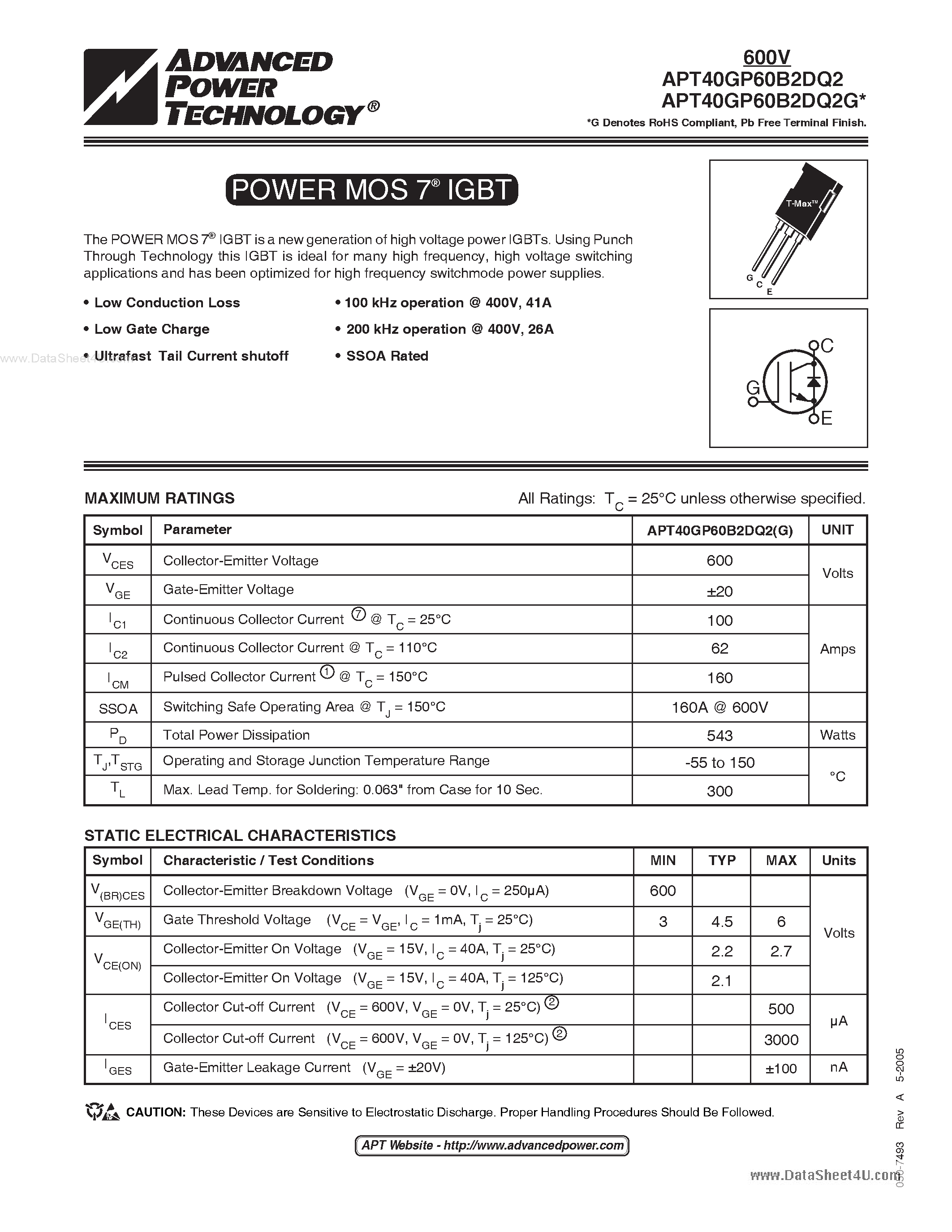 Datasheet APT40GP60B2DQ2 - POWER MOS 7 IGBT page 1