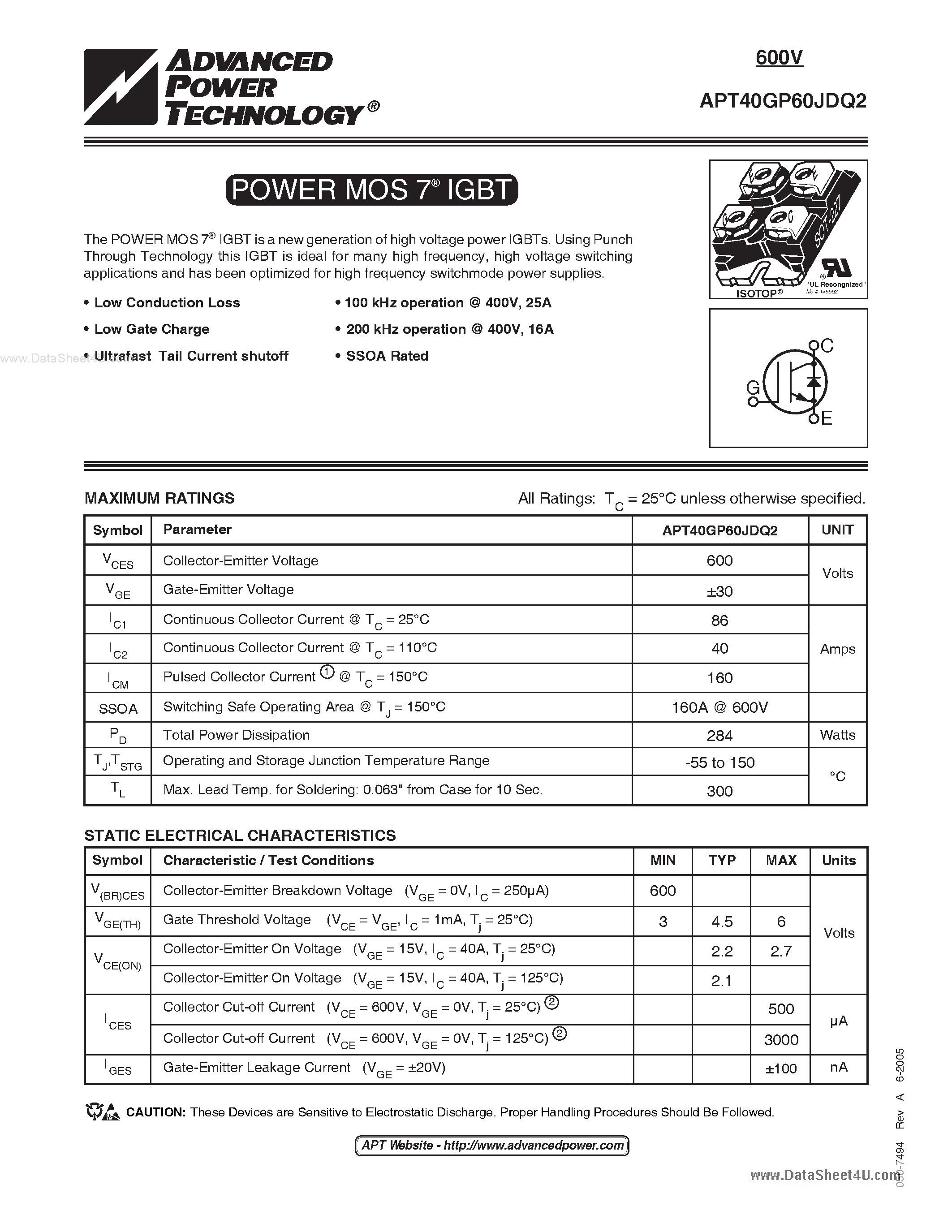 Datasheet APT40GP60JDQ2 - POWER MOS 7 IGBT page 1