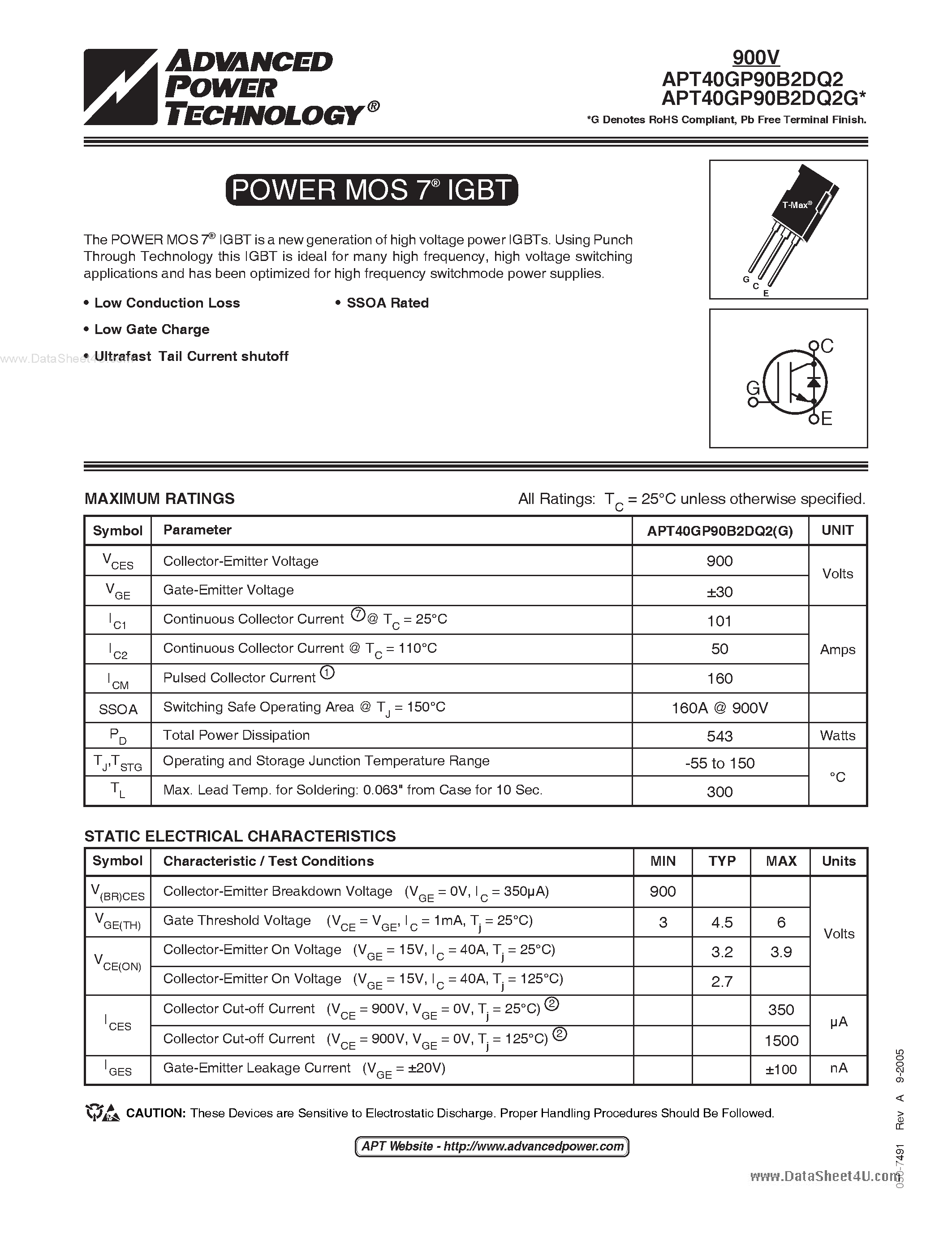 Datasheet APT40GP90B2DQ2 - POWER MOS 7 IGBT page 1