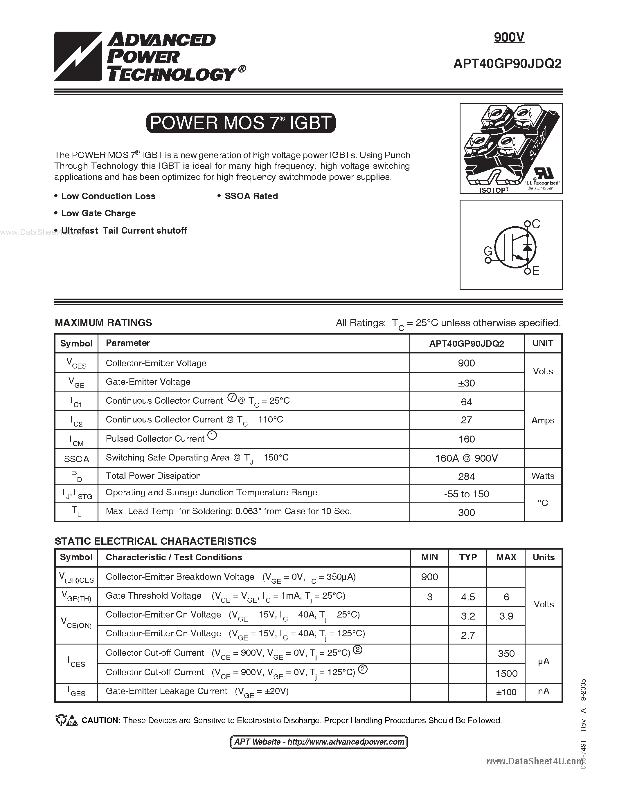 Datasheet APT40GP90JDQ2 - POWER MOS 7 IGBT page 1