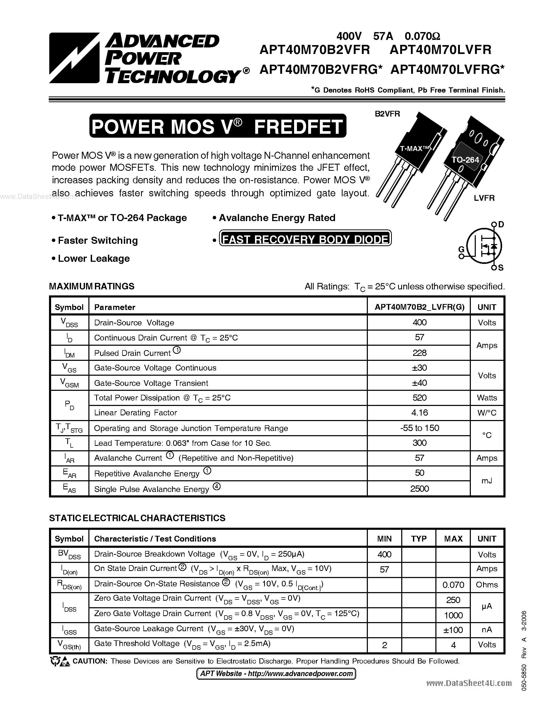 Datasheet APT40M70B2LVFR - POWER MOS V FREDFET page 1