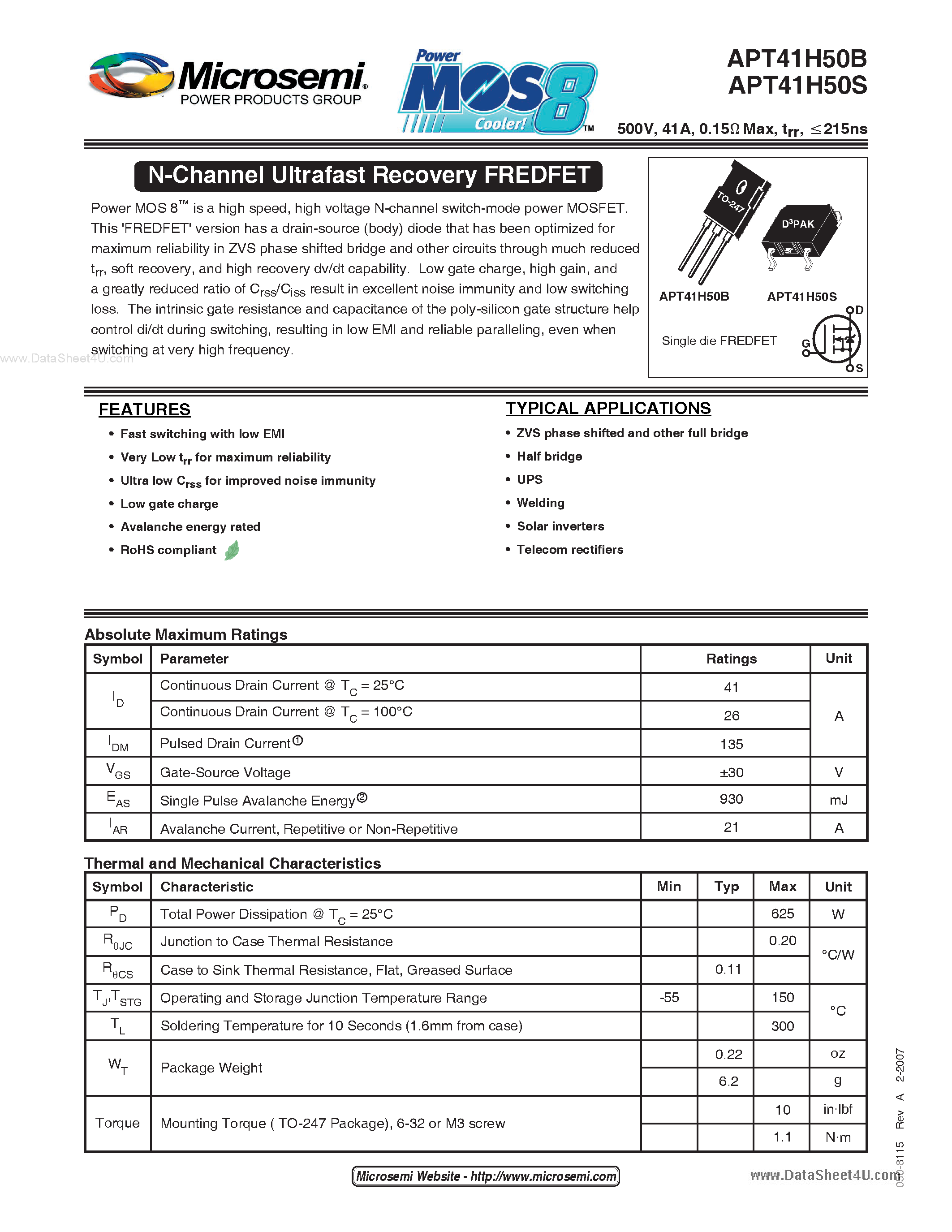 Datasheet APT41H50B - N-Channel FREDFET page 1