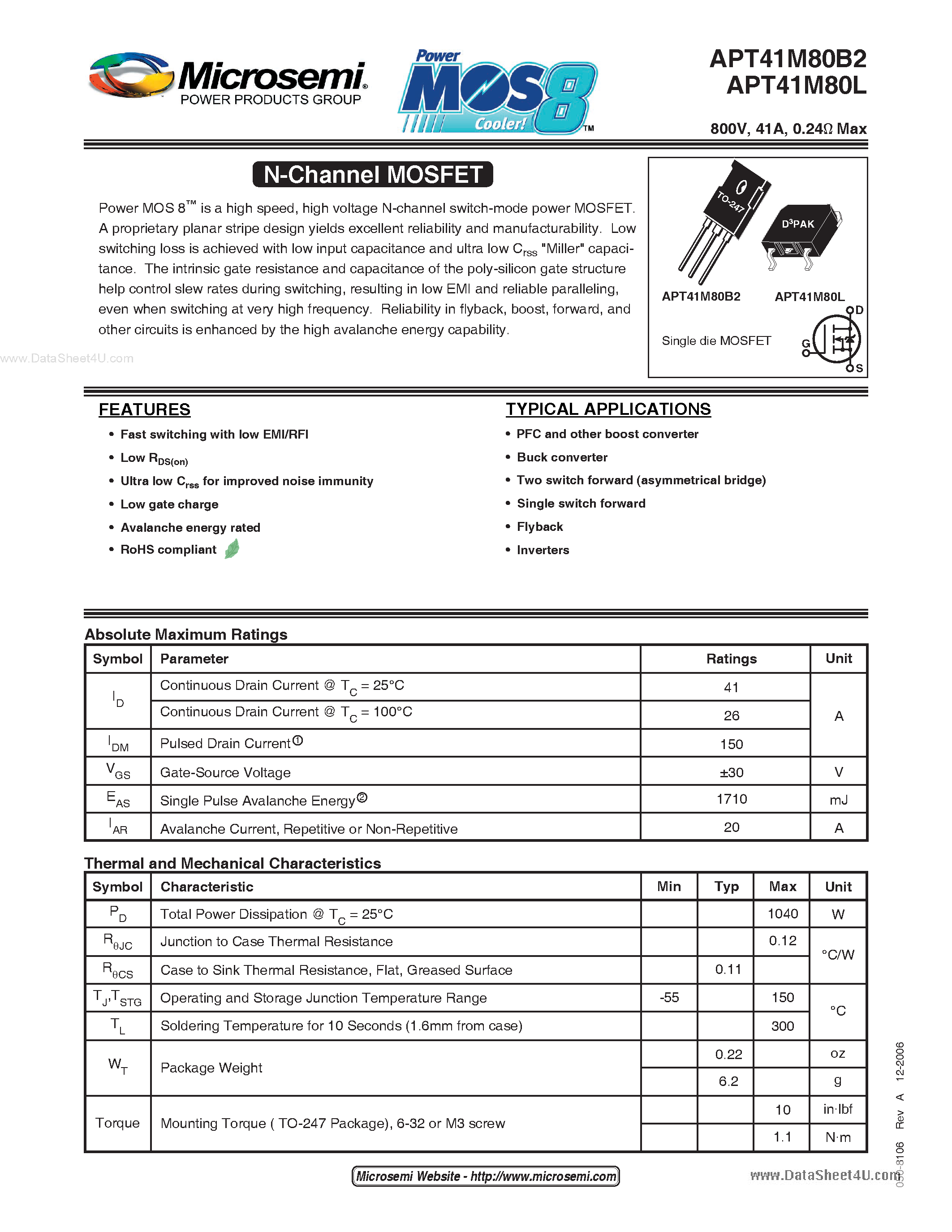 Datasheet APT41M80L - N-Channel FREDFET page 1