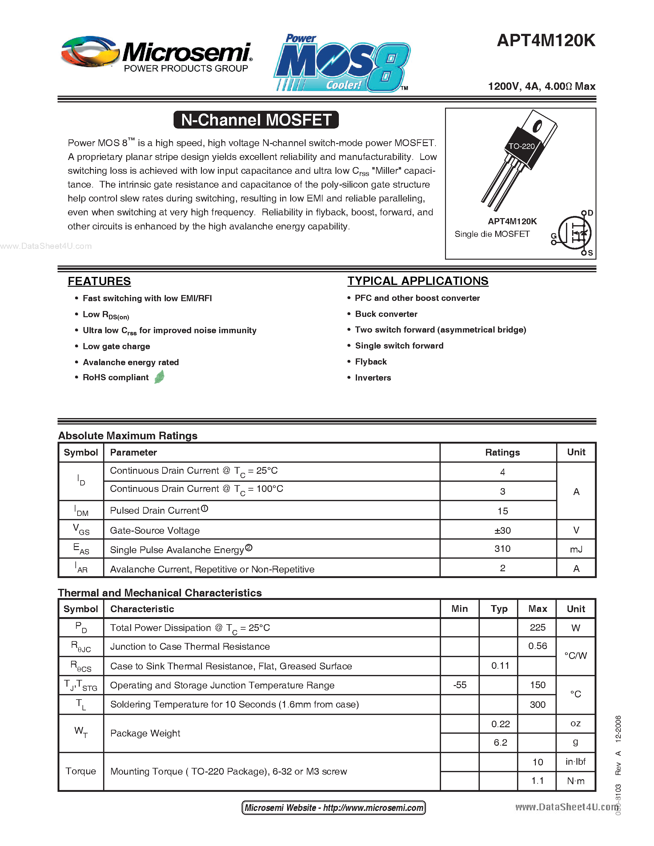 Datasheet APT4M120K - N-Channel MOSFET page 1