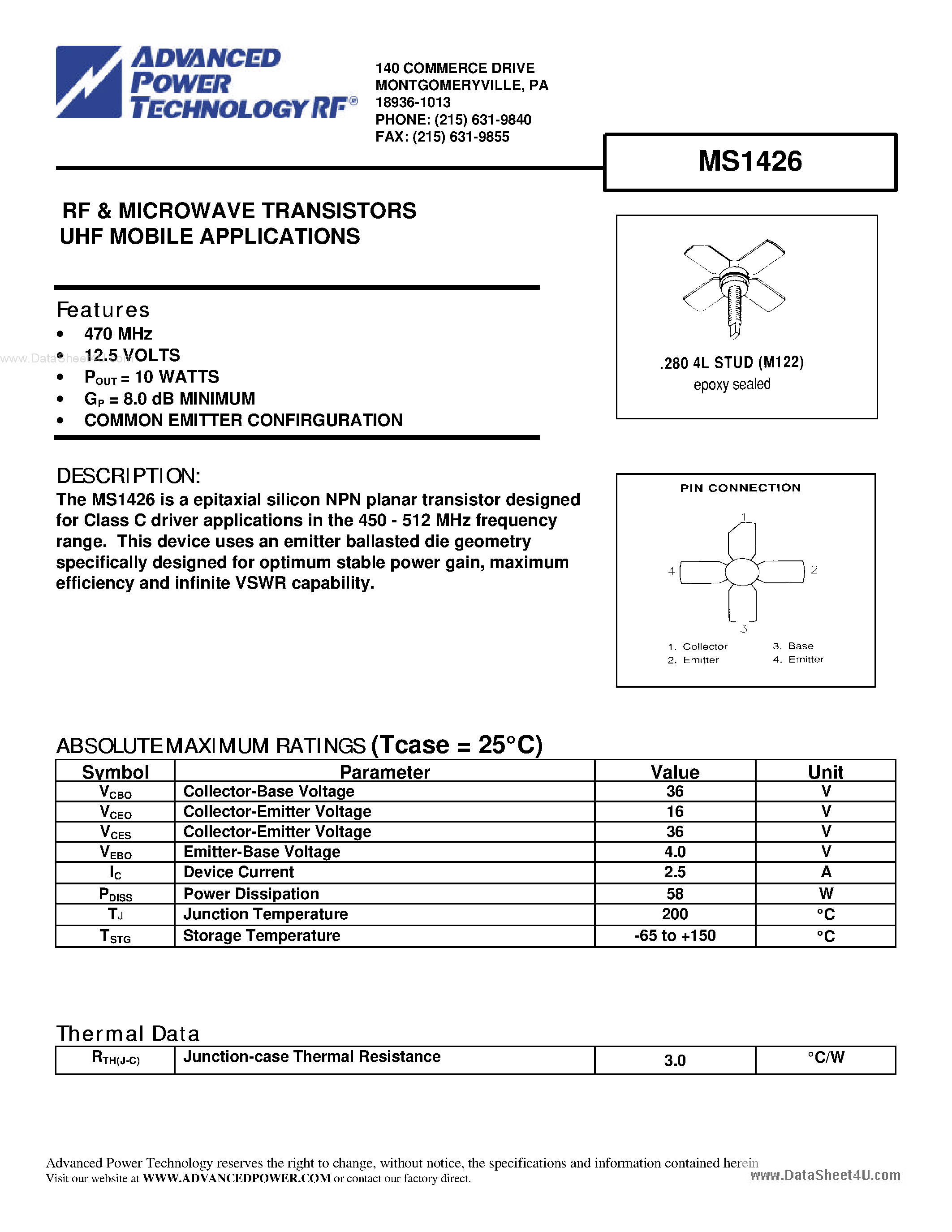 Datasheet MS1426 - RF & MICROWAVE TRANSISTORS UHF MOBILE APPLICATIONS page 1