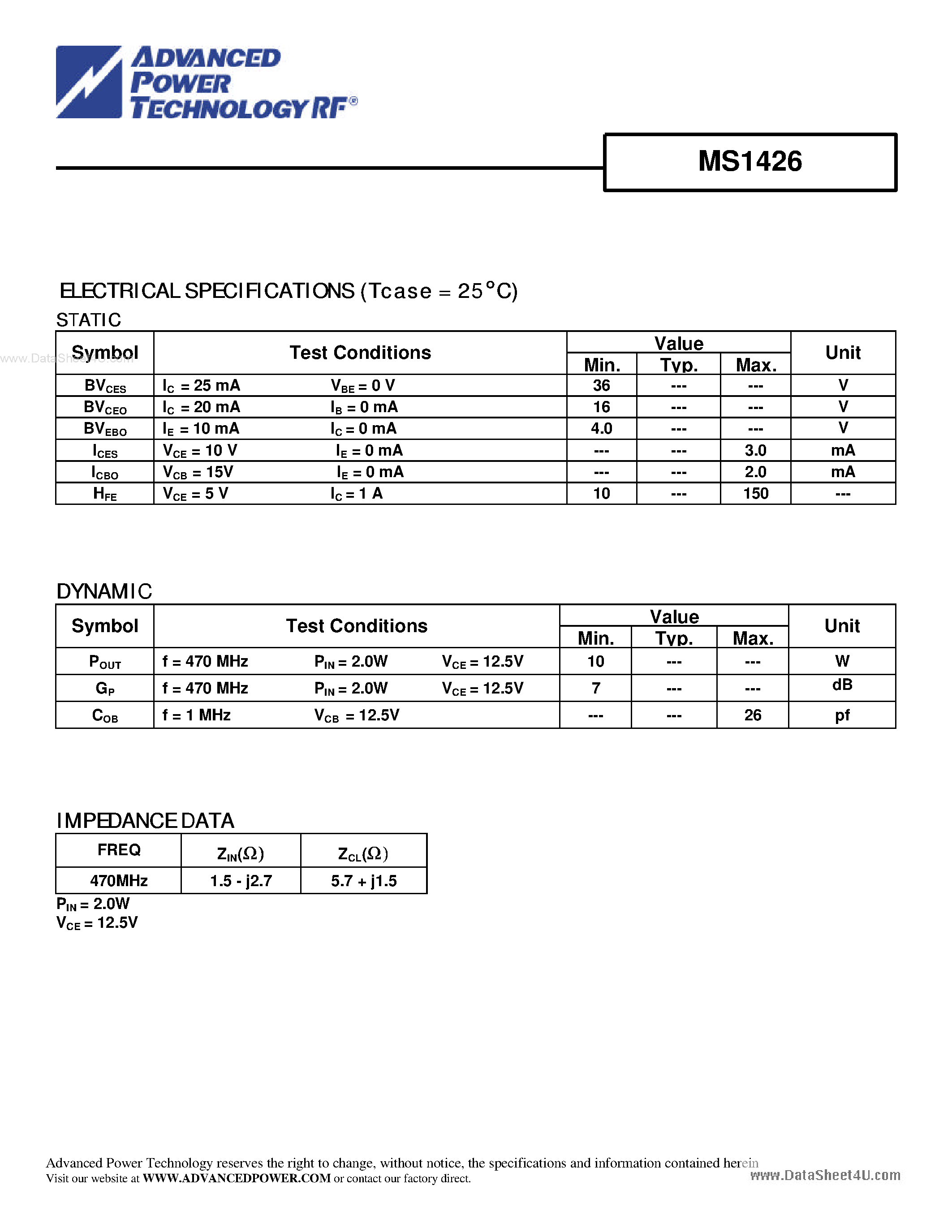 Datasheet MS1426 - RF & MICROWAVE TRANSISTORS UHF MOBILE APPLICATIONS page 2