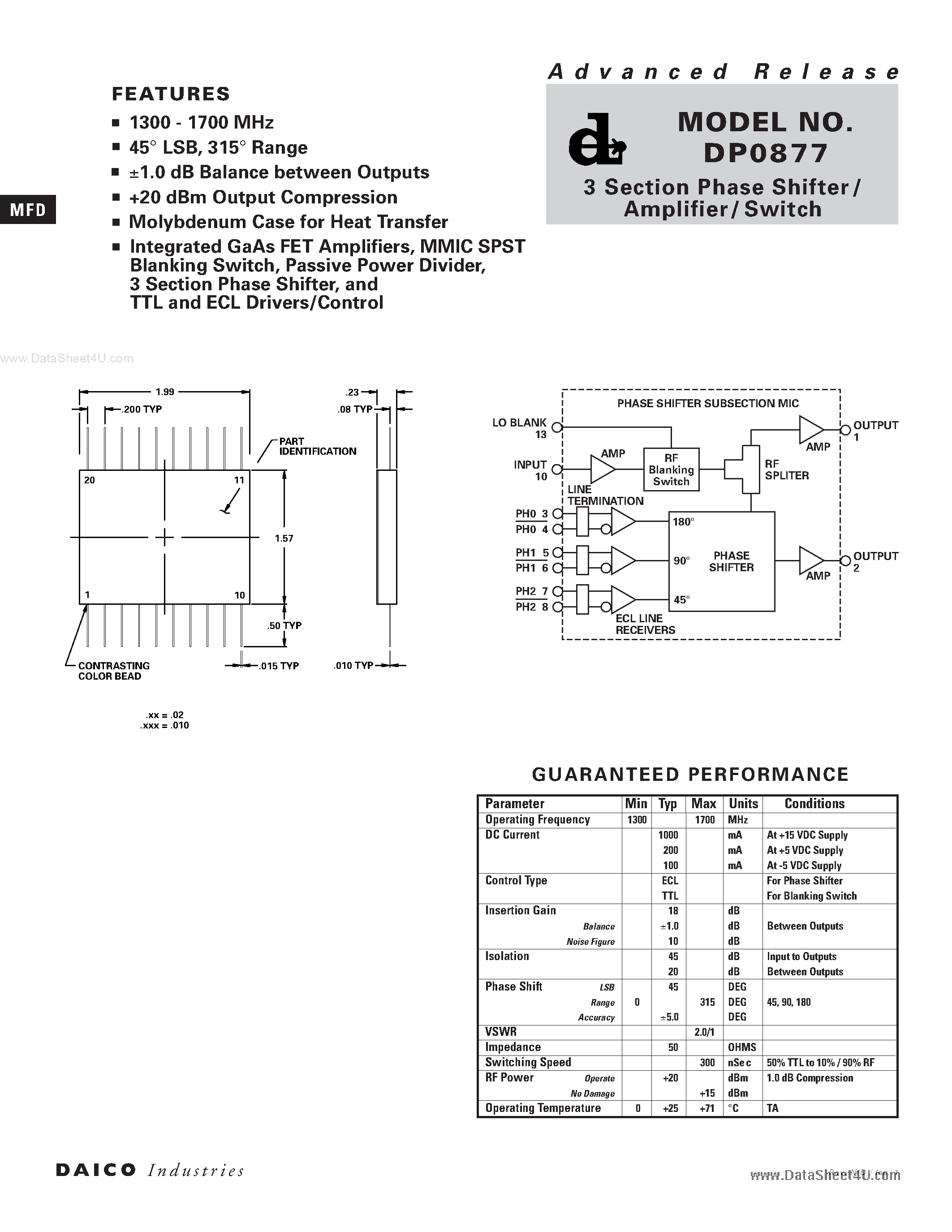 Даташит на микросхему DP0877 страница 1 Даташит DP0877 - 3 Section Phase Shifter / Amplifier/ Switch страница 1
