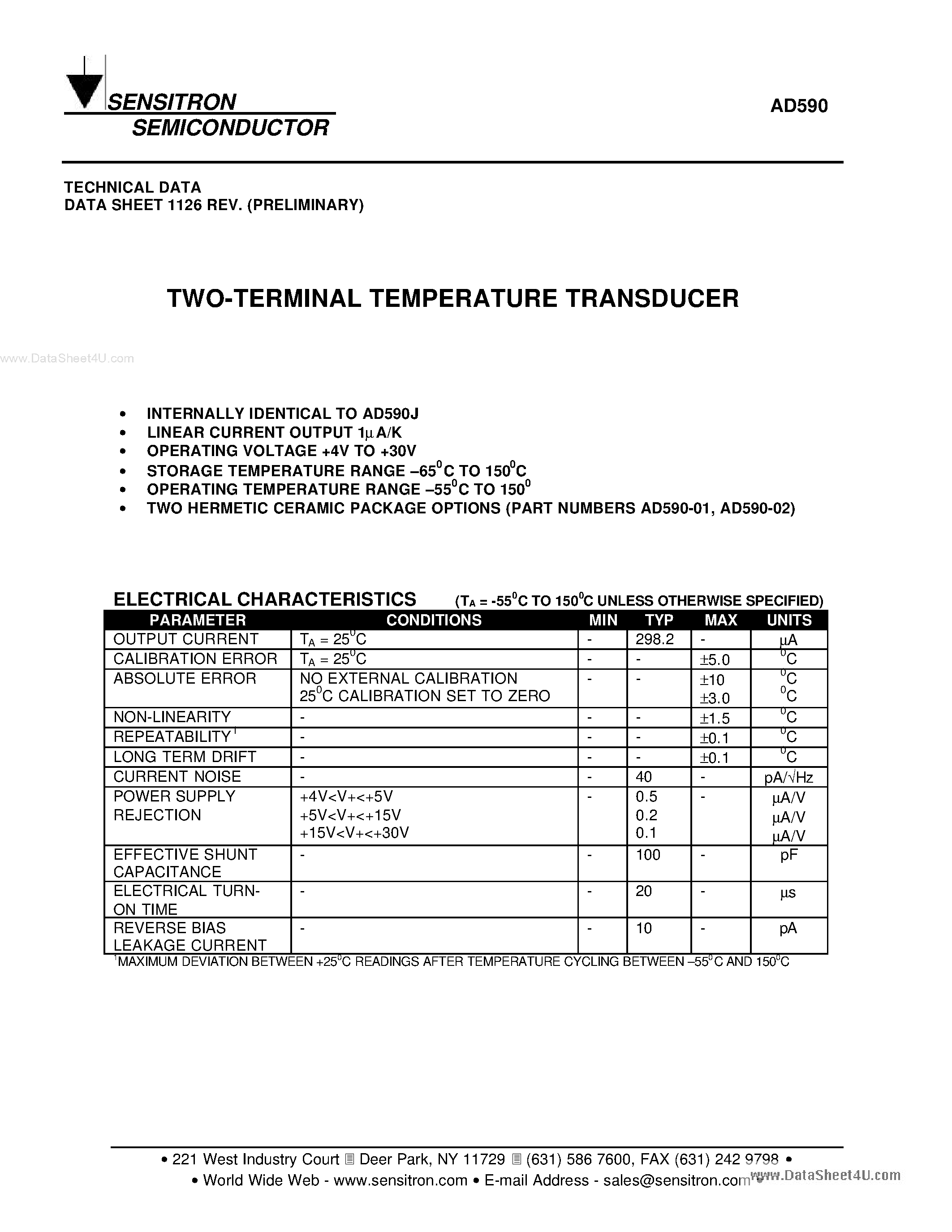 Даташит AD590 - TWO-TERMINAL TEMPERATURE TRANSDUCER страница 1