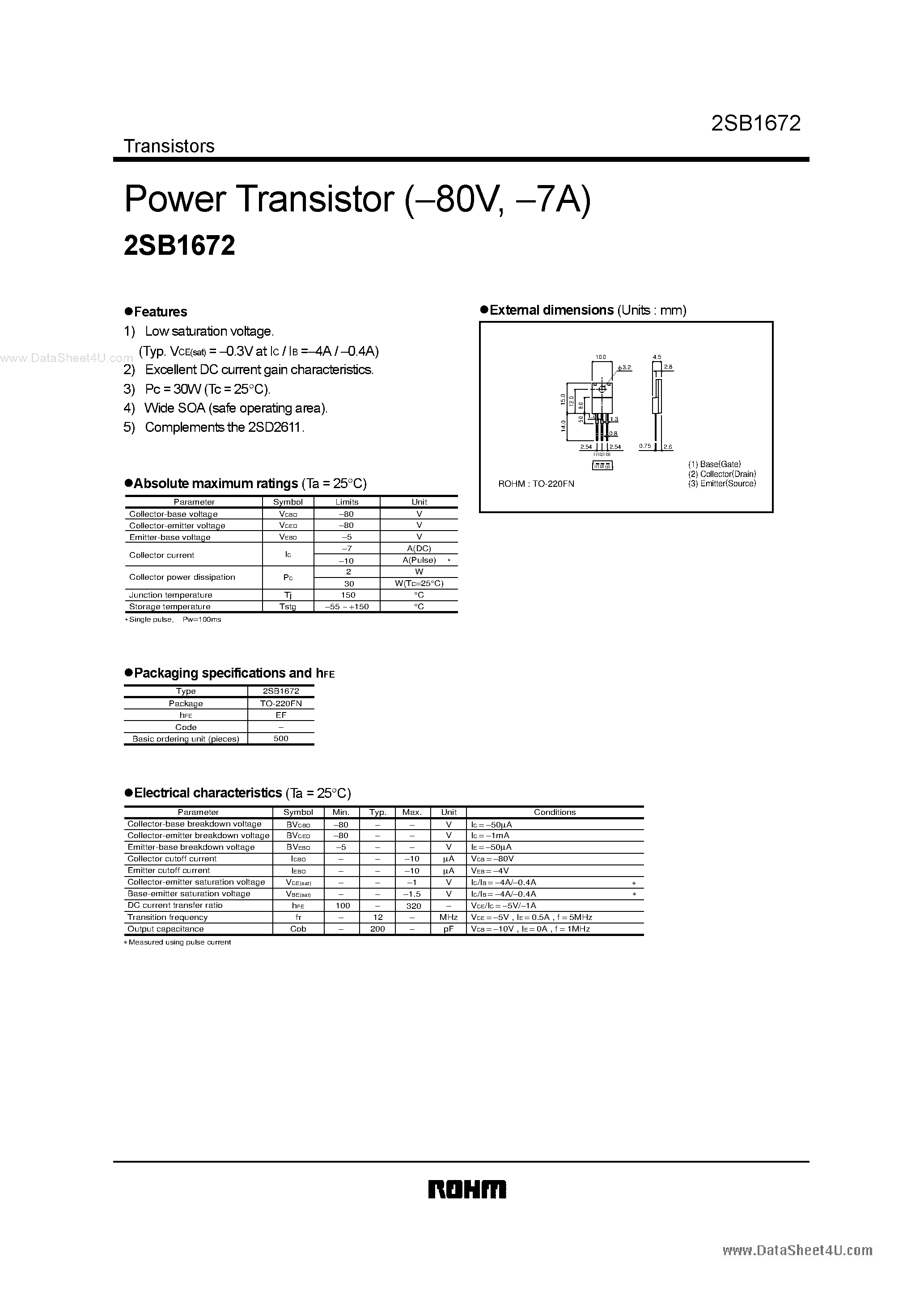 Datasheet 2SB1672 page 1 Datasheet 2SB1672 - Power Transistor page 1