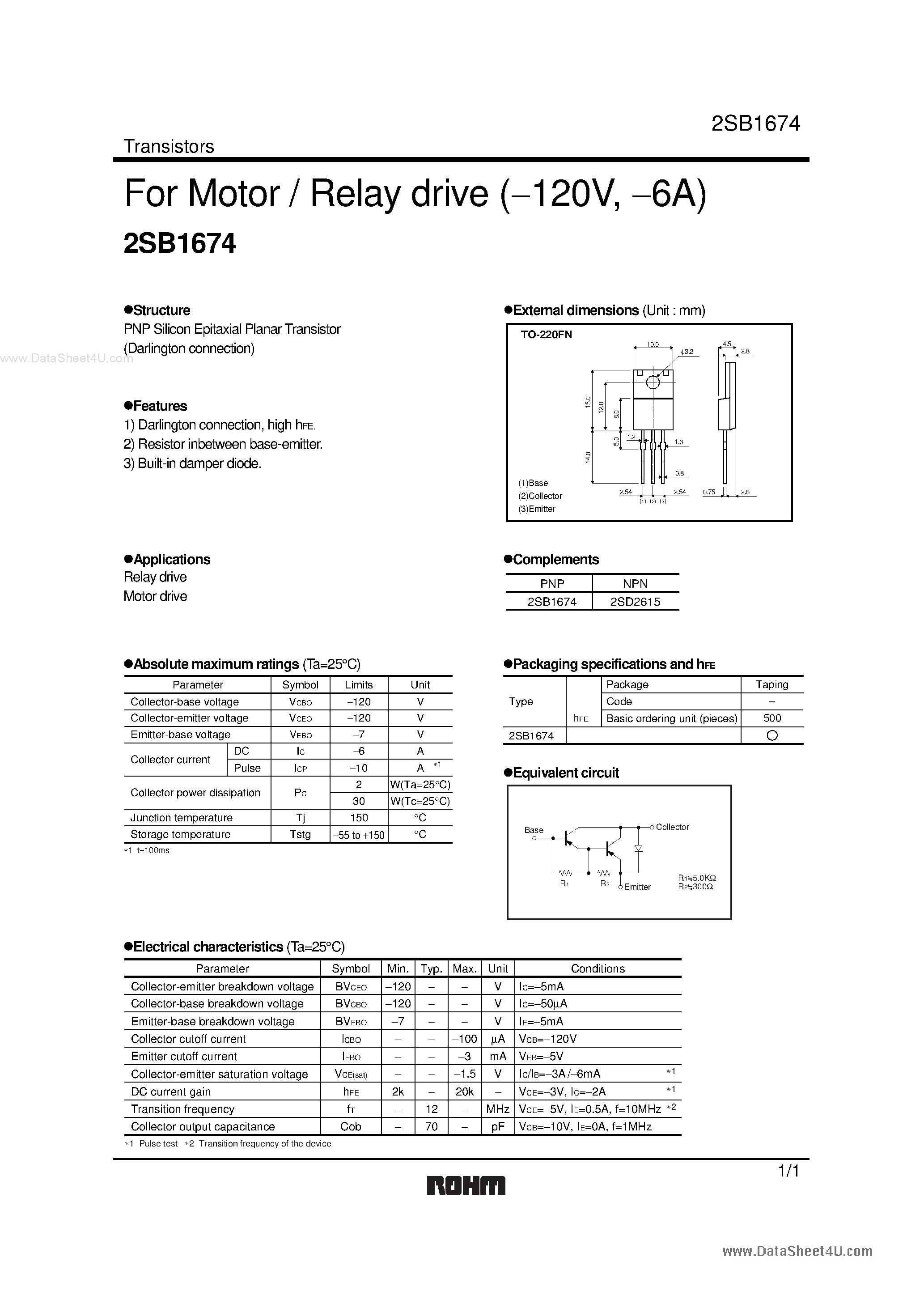 Datasheet 2SB1674 page 1 Datasheet 2SB1674 - Power Transistor page 1