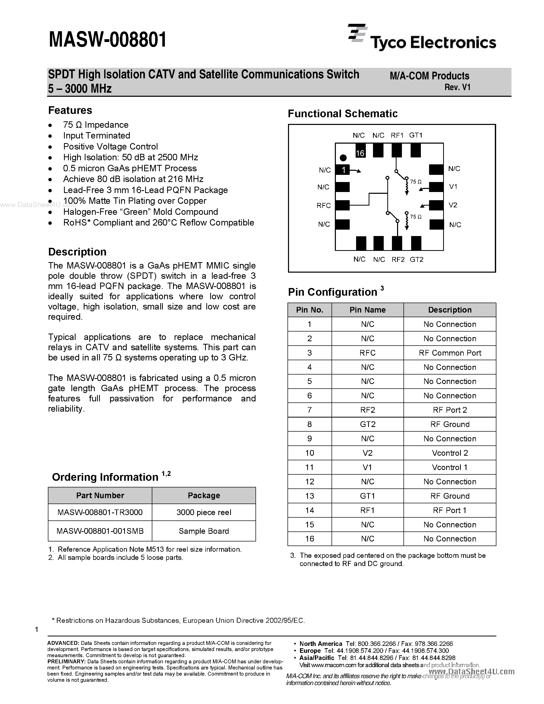 Datasheet MASW-008801 - SPDT High Isolation CATV and Satellite Communications Switch 5 page 1