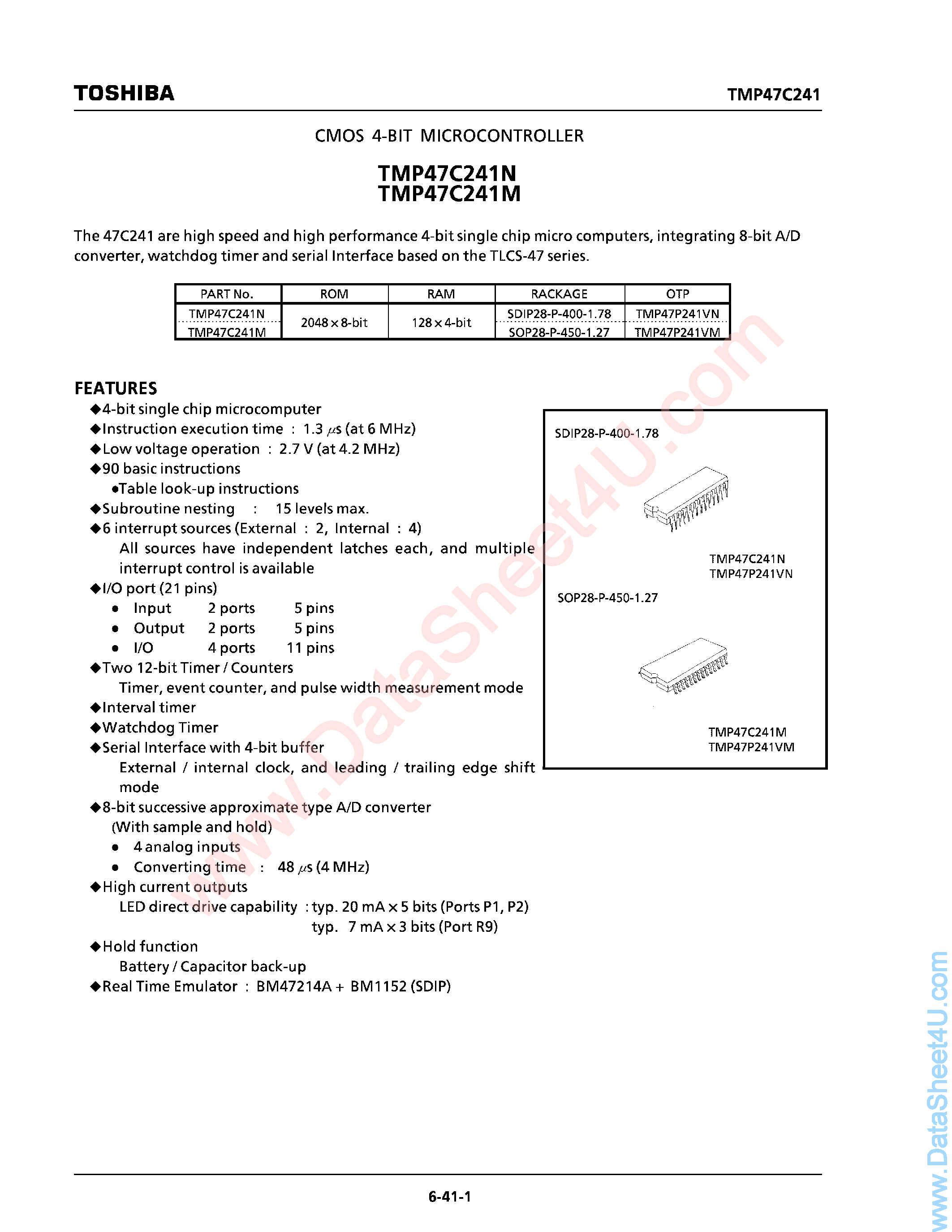 Даташит TMP47P241 - CMOS 4-Bit Microcontroller страница 1