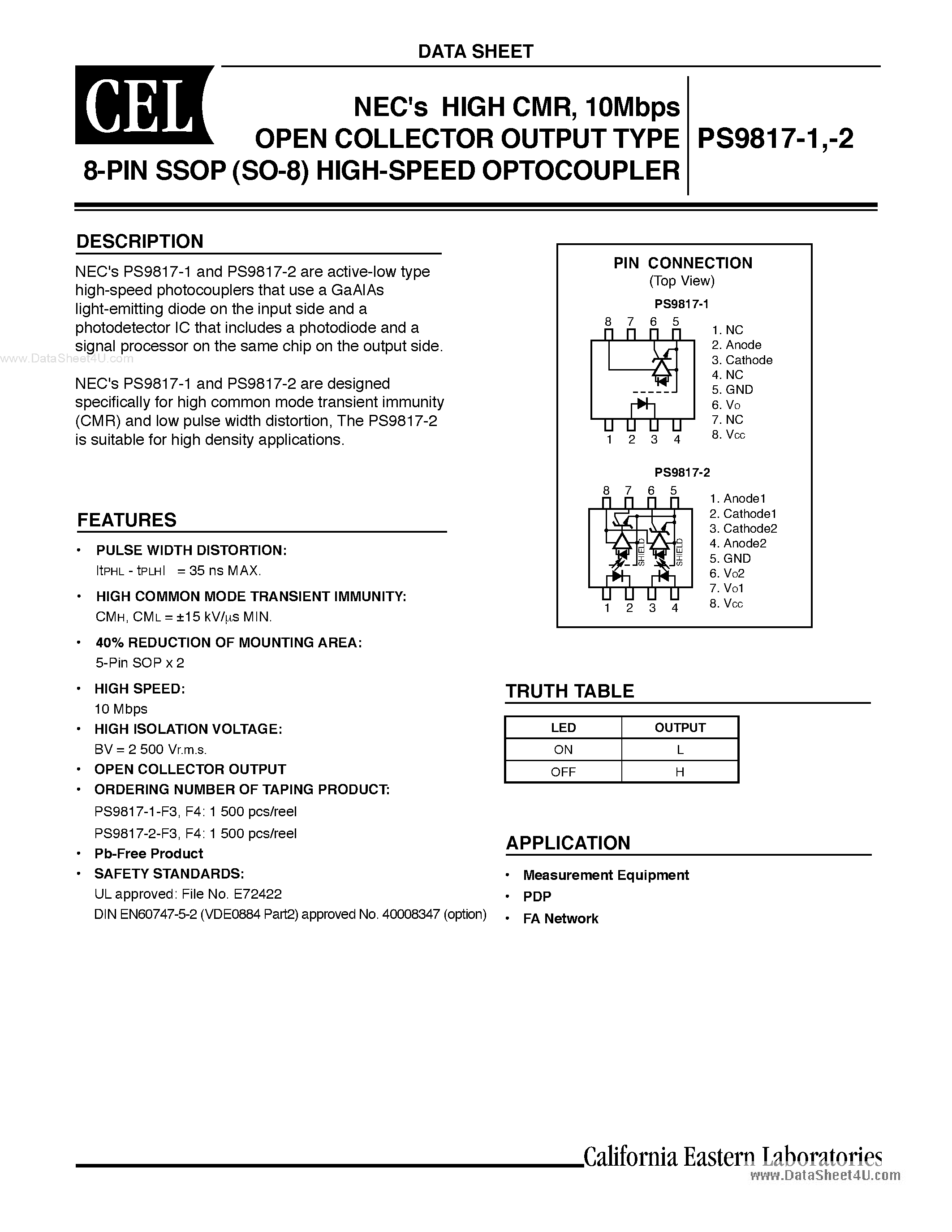 Datasheet PS9817-1 - 10Mbps OPEN COLLECTOR OUTPUT TYPE page 1