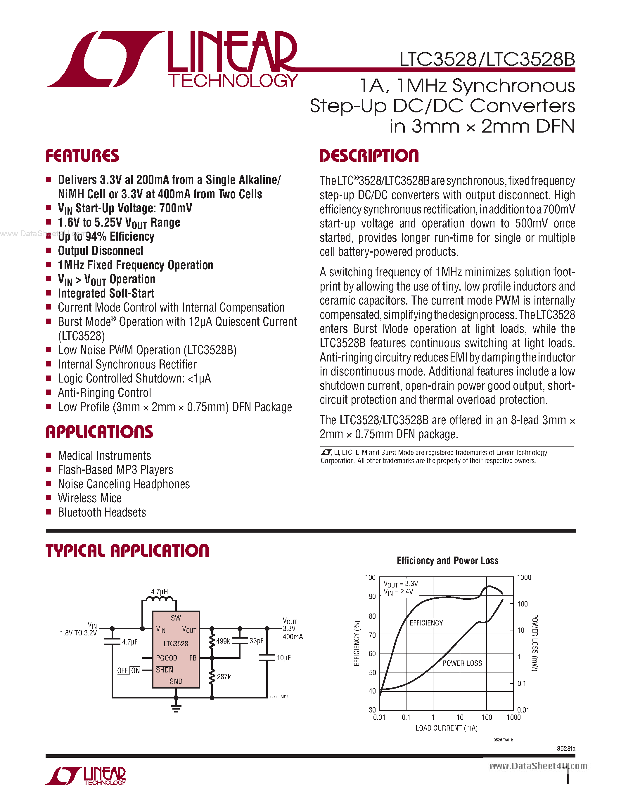 Datasheet LTC3528 - 1MHz Synchronous Step-Up DC/DC Converters page 1