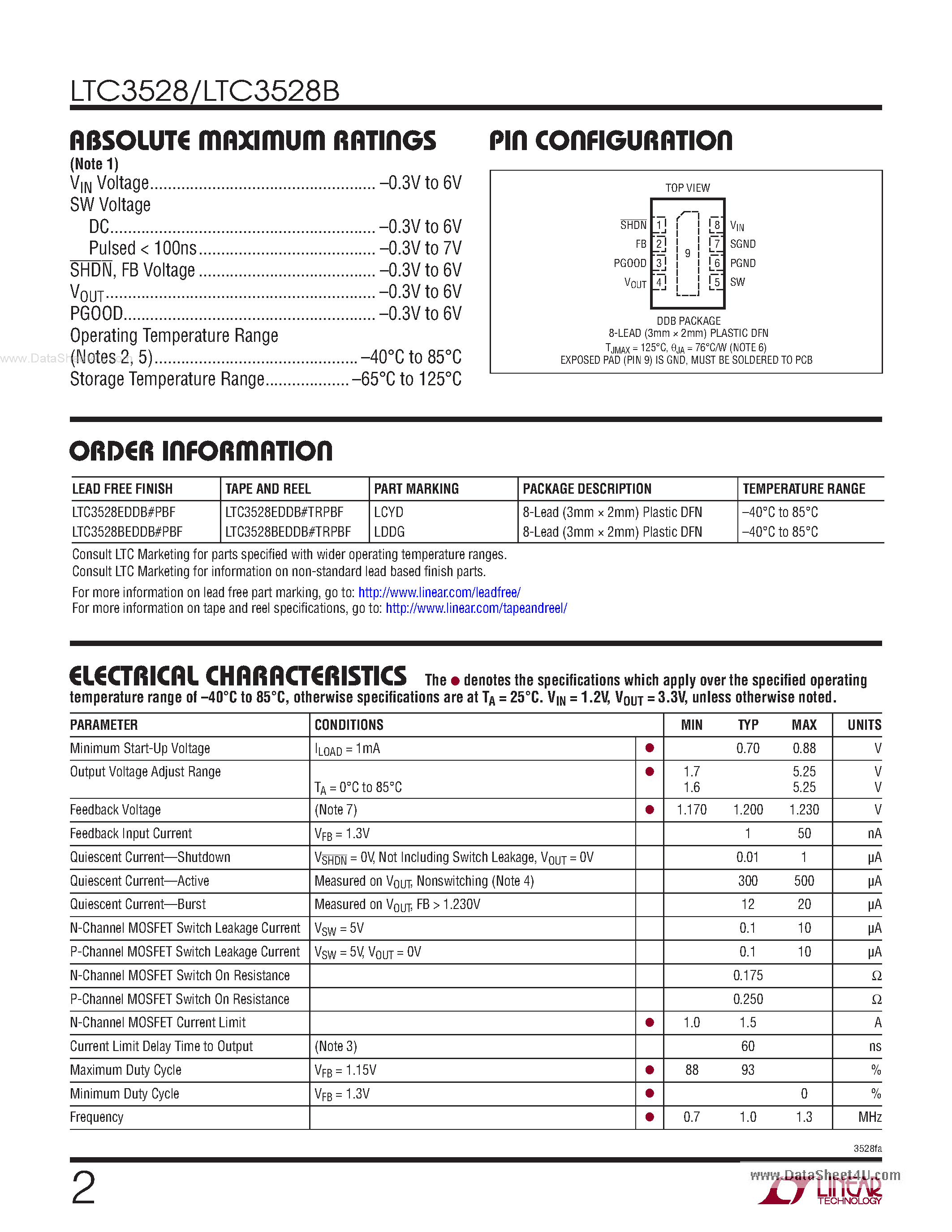Datasheet LTC3528 - 1MHz Synchronous Step-Up DC/DC Converters page 2