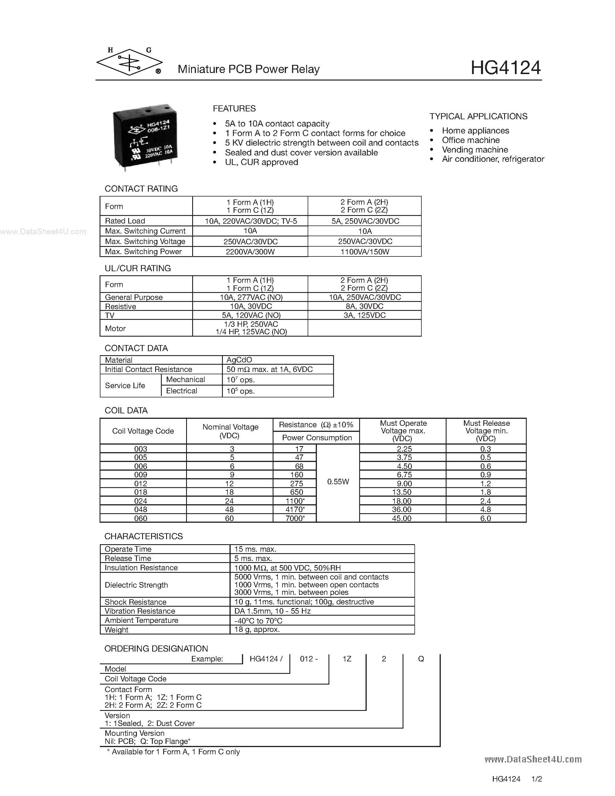 Даташит HG4124 - Miniature PCB Power Relay страница 1