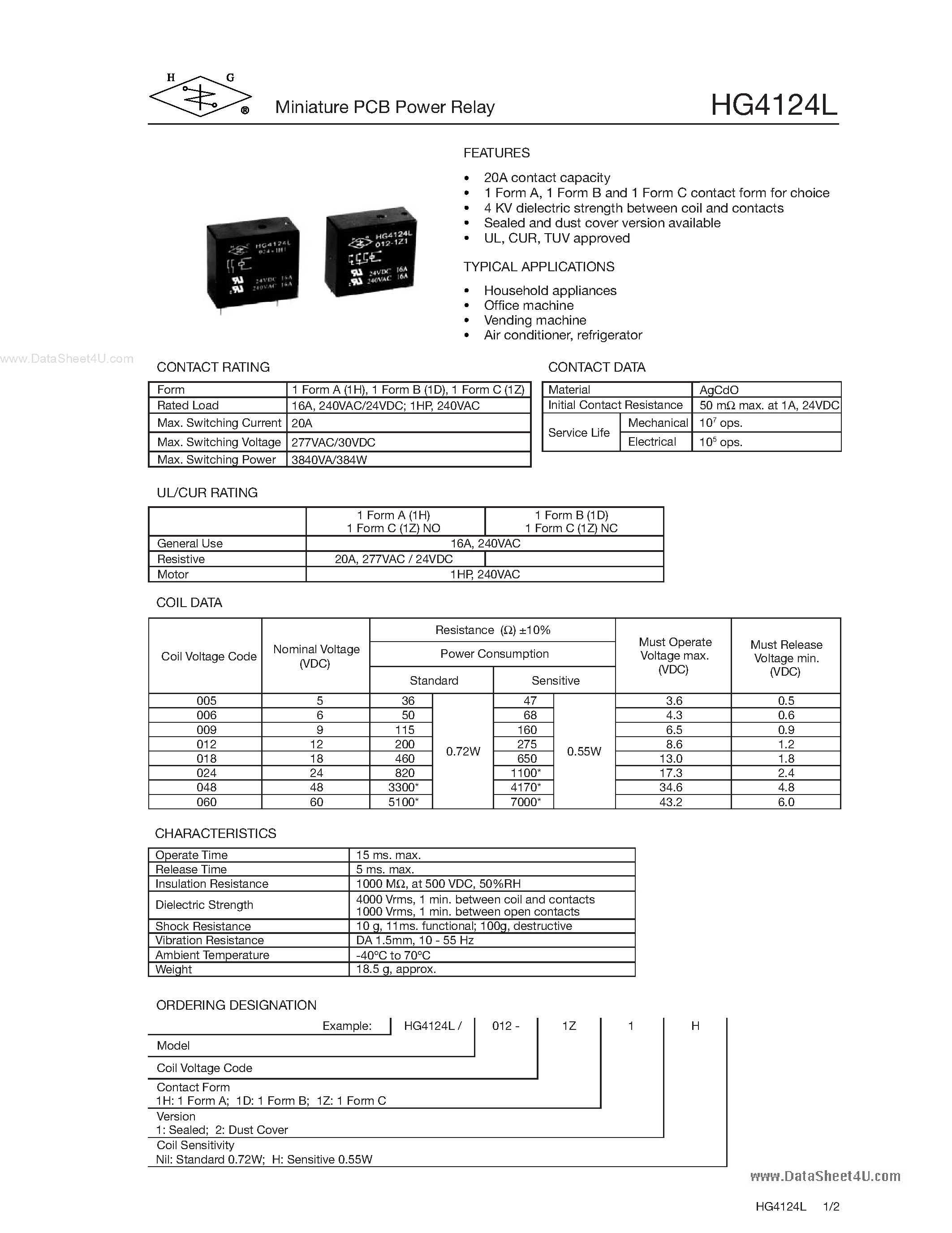 Даташит HG4124L - Miniature PCB Power Relay страница 1