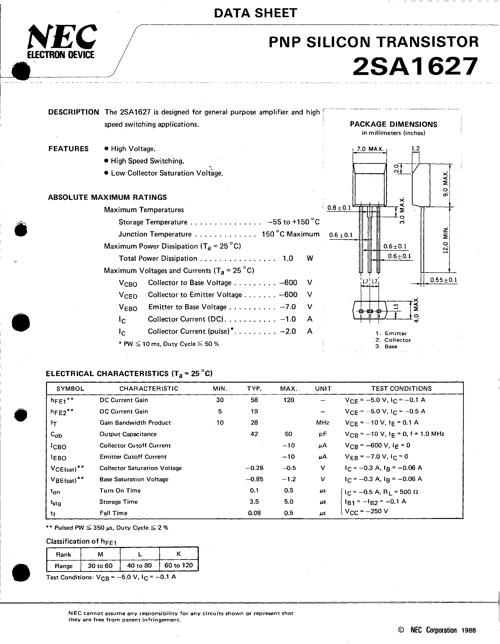 Datasheet A1627 - Search -----> 2SA1627 page 1