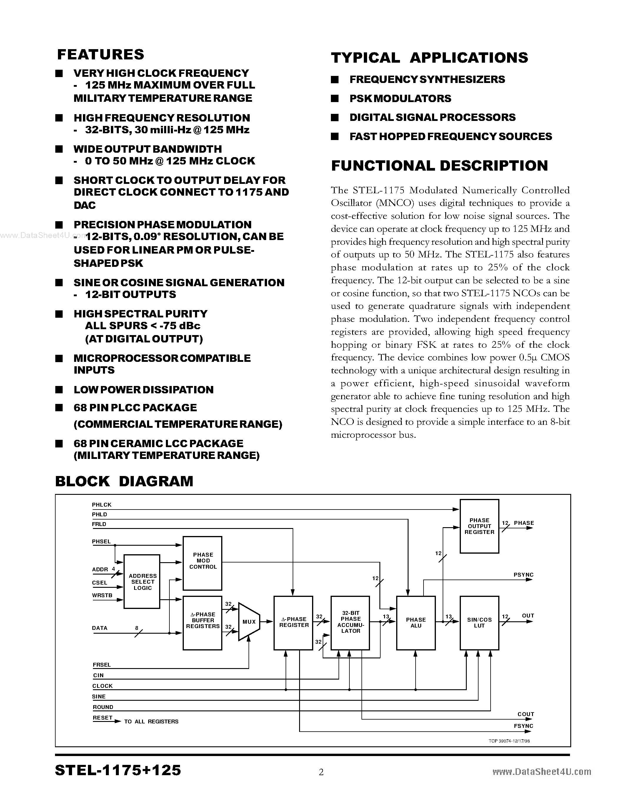 Datasheet STEL-1175 page 2 Datasheet STEL-1175 - 32-Bit Resolution CMOS Phase Modulated Numerically Controlled Oscillator page 2