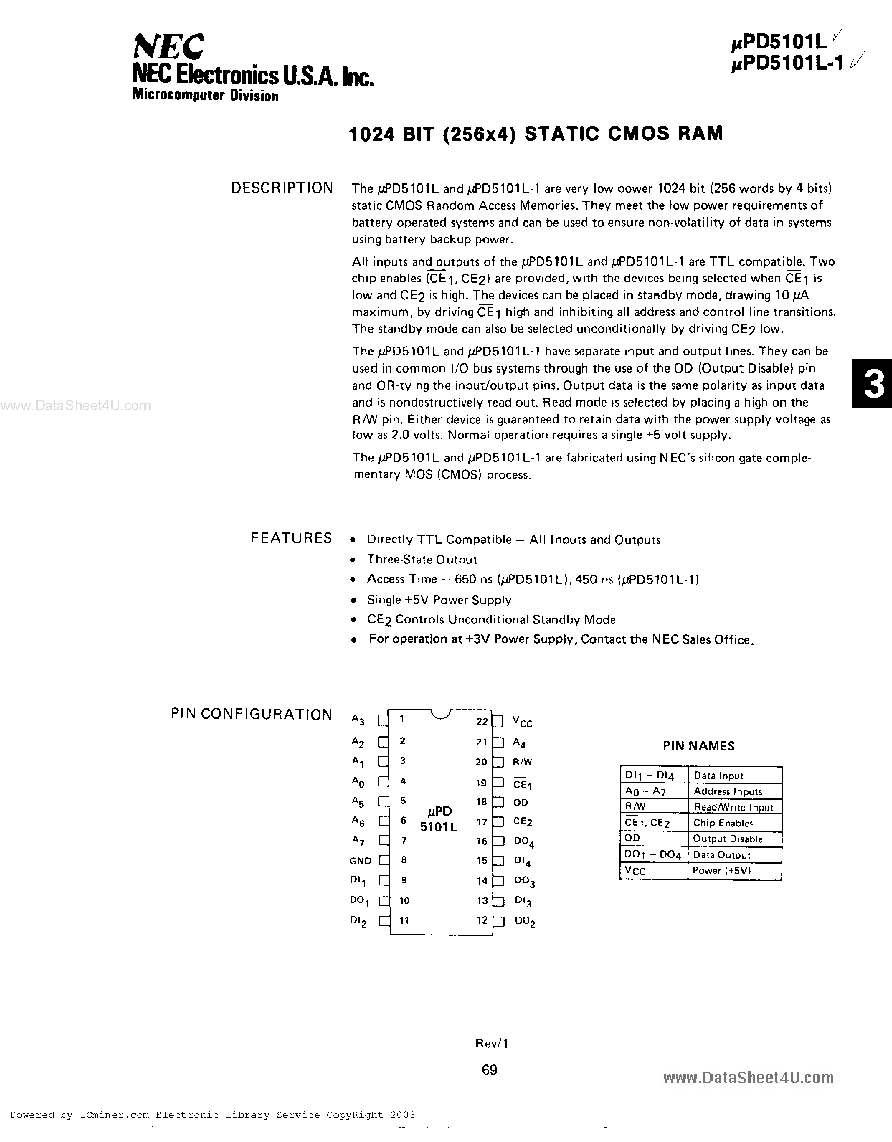 Datasheet UPD5101L - 1024 Bit (256x4) Static CMOS RAM page 1