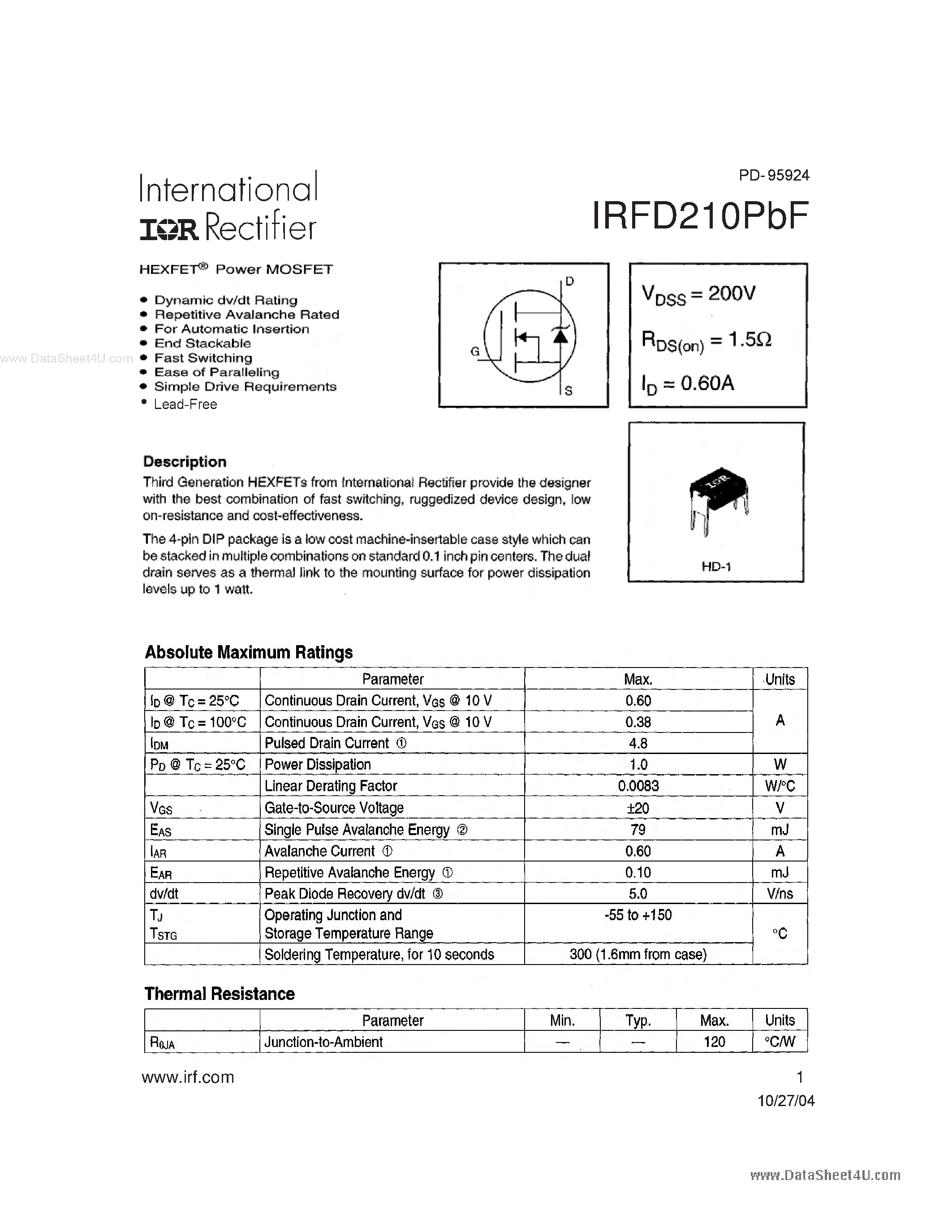 Datasheet IRFD210PBF - HEXFET Power MOSFET page 1