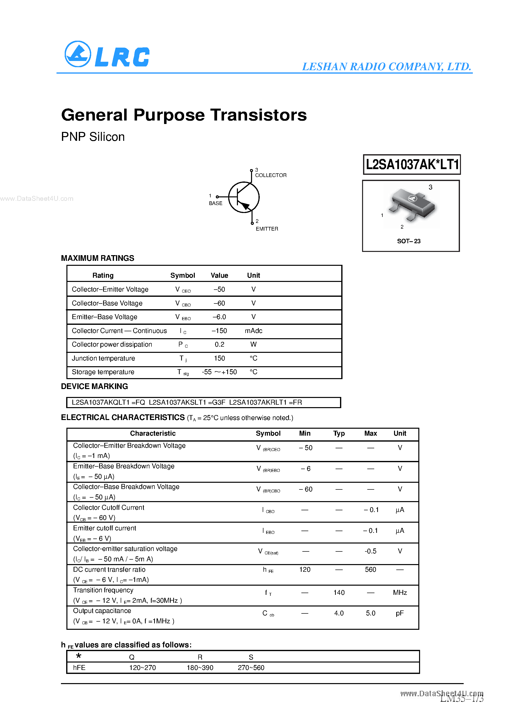 Даташит на микросхему L2SA1037AKxLT1 страница 1 Даташит L2SA1037AKxLT1 - General Purpose Transistors страница 1