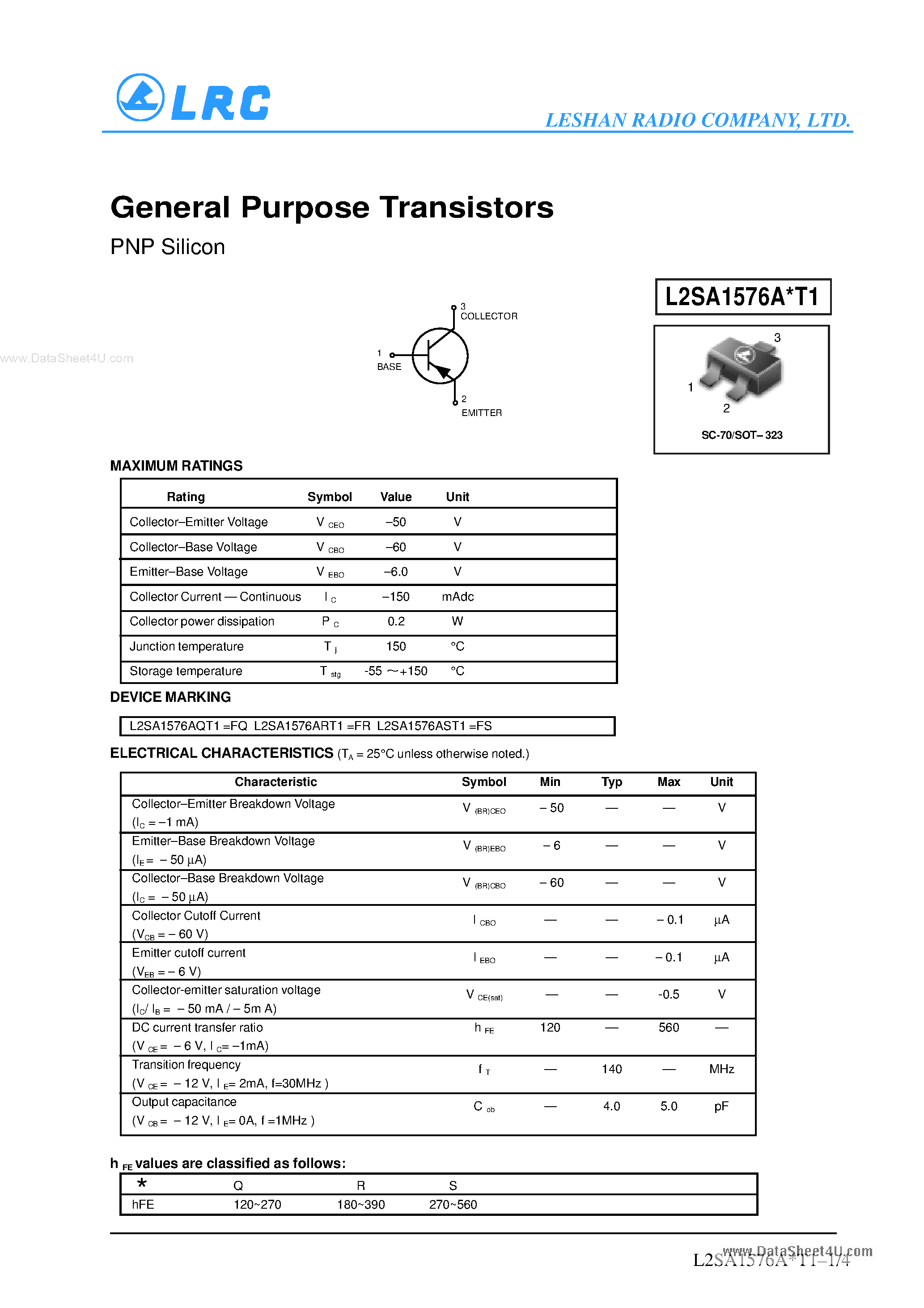 Даташит на микросхему L2SA1576AxT1 страница 1 Даташит L2SA1576AxT1 - General Purpose Transistors PNP Silicon страница 1