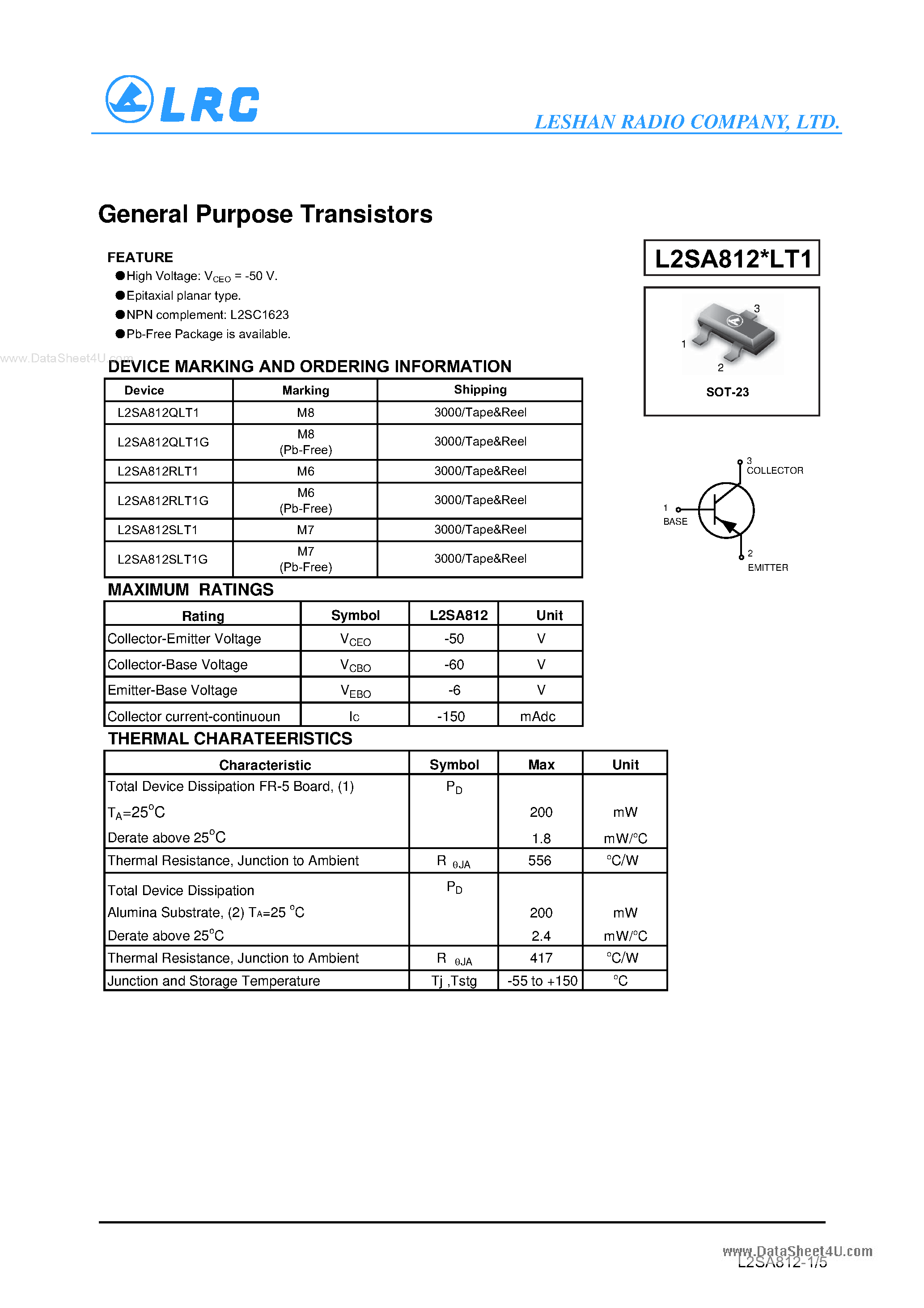 Даташит на микросхему L2SA812xLT1 страница 1 Даташит L2SA812xLT1 - General Purpose Transistors страница 1