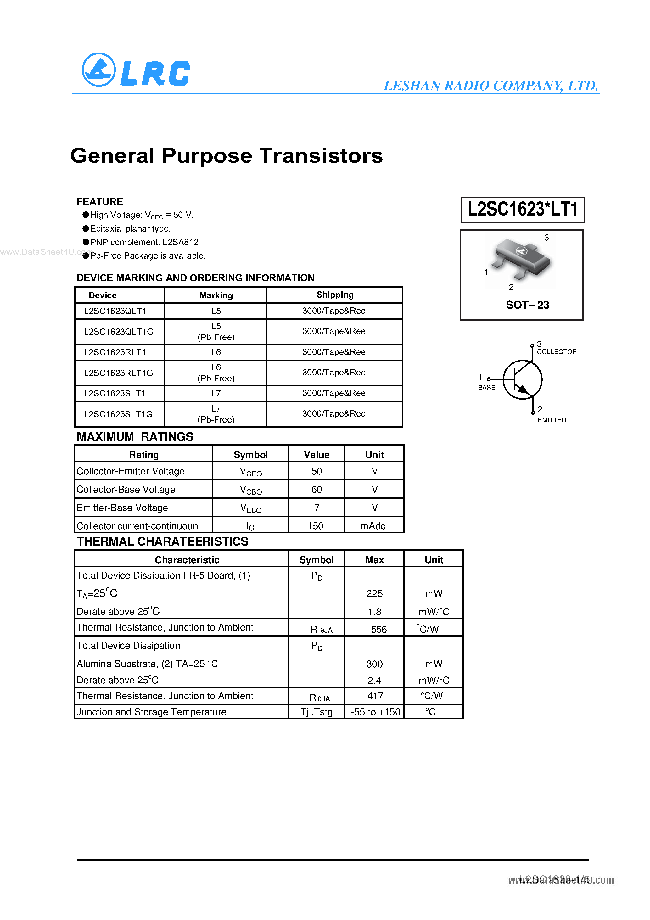 Даташит L2SC1623xLT1 - General Purpose Transistors страница 1