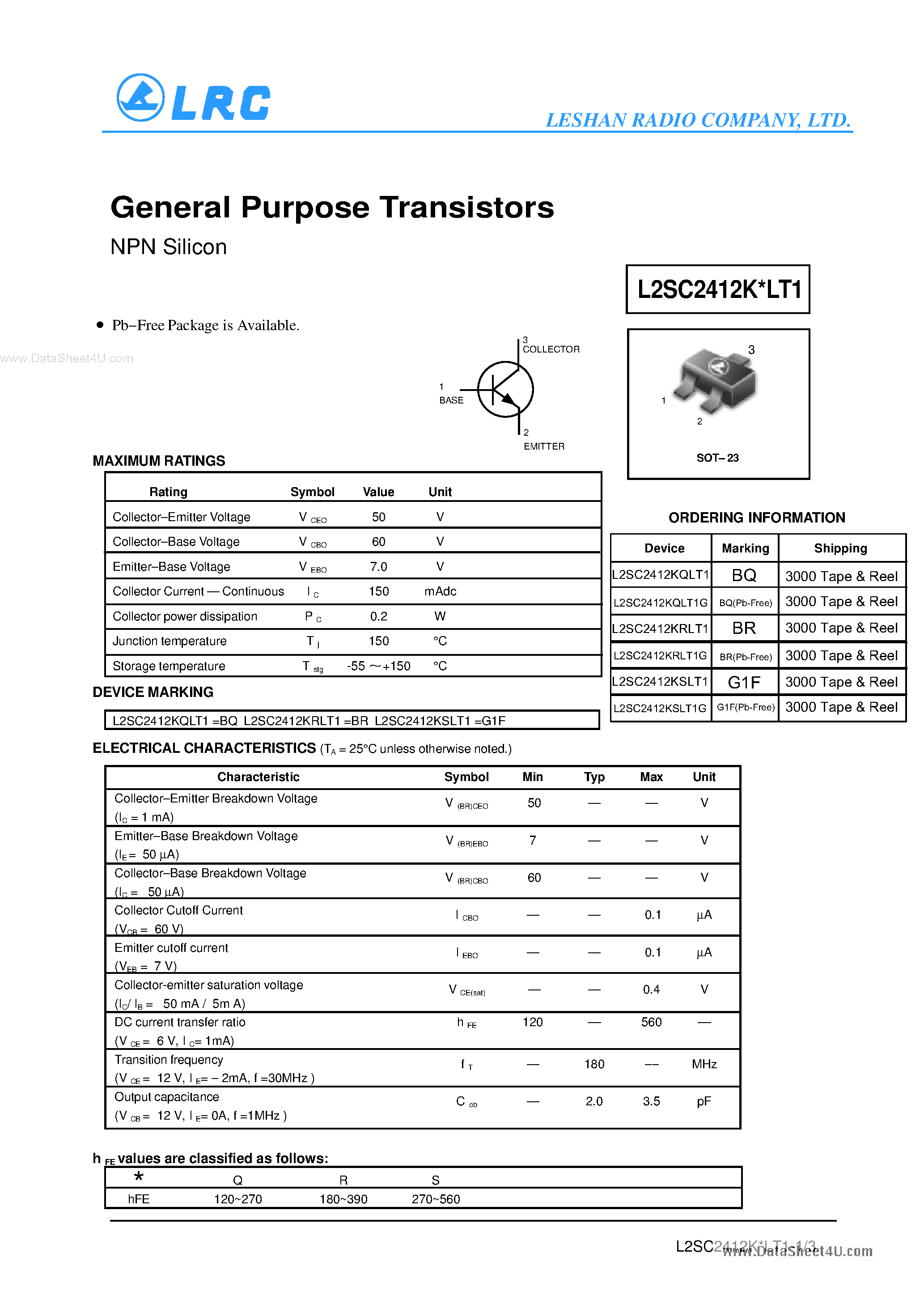 Даташит на микросхему L2SC2412KxLT1 страница 1 Даташит L2SC2412KxLT1 - General Purpose Transistors NPN Silicon страница 1