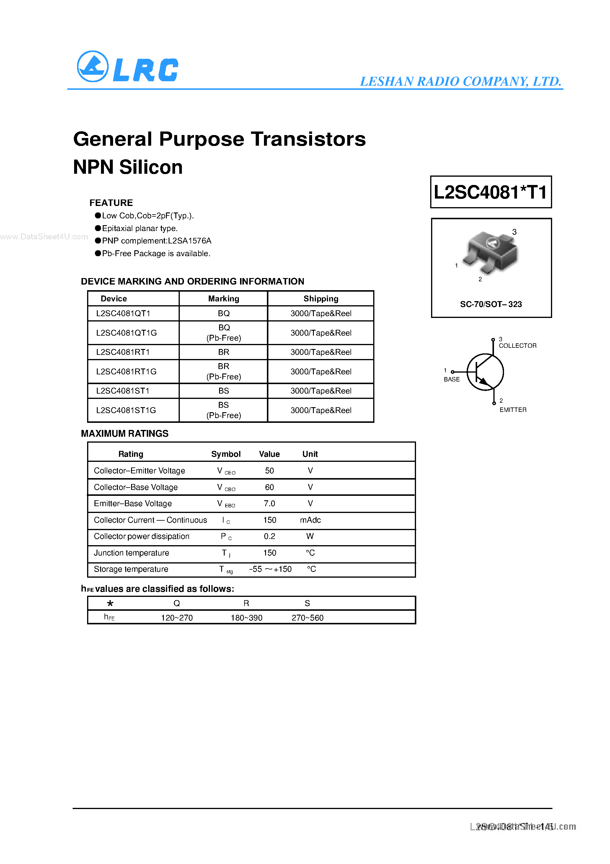 Даташит на микросхему L2SC4081xT1 страница 1 Даташит L2SC4081xT1 - General Purpose Transistors NPN Silicon страница 1