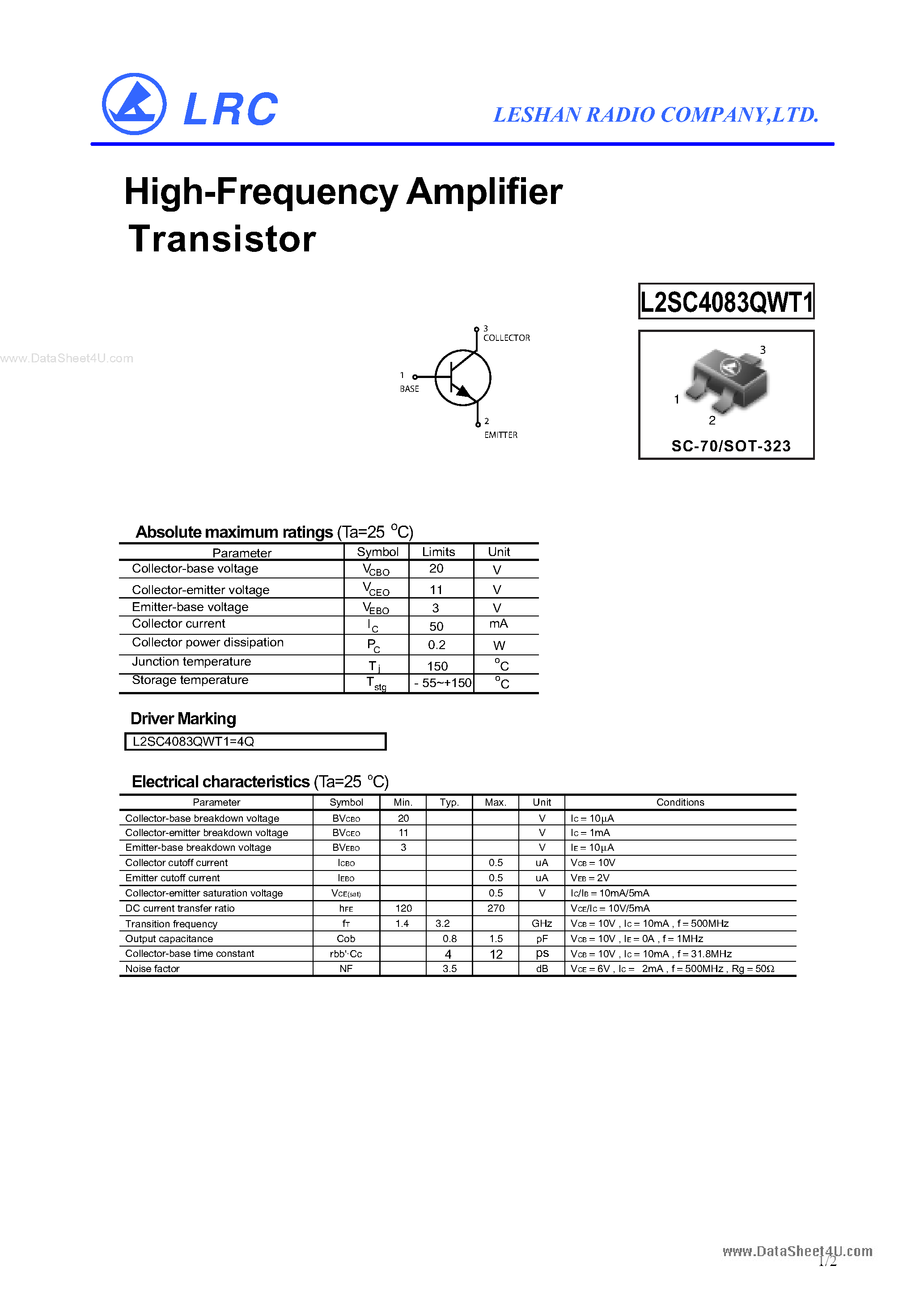 Даташит на микросхему L2SC4083QWT1 страница 1 Даташит L2SC4083QWT1 - High-Frequency Amplifier Transistor страница 1