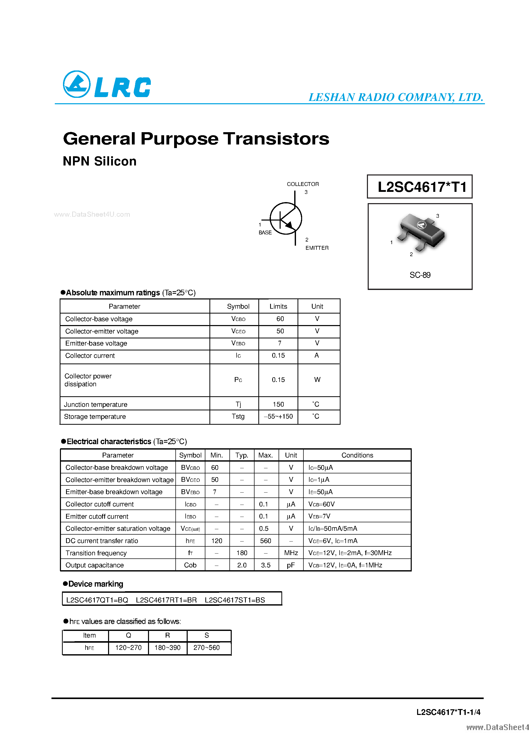 Даташит на микросхему L2SC4617xT1 страница 1 Даташит L2SC4617xT1 - General Purpose Transistors NPN Silicon страница 1