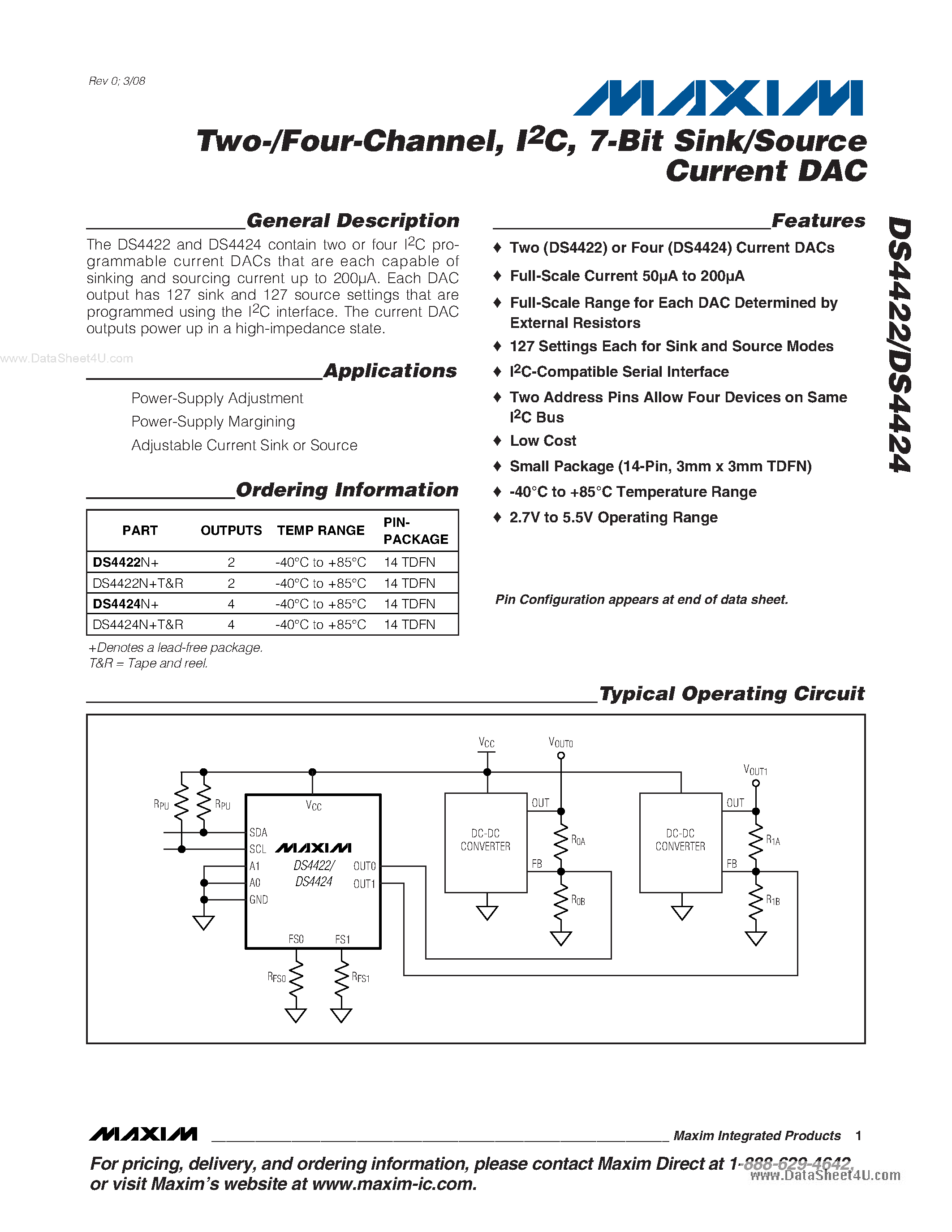 Datasheet DS4422 - (DS4422 / DS4424) 7-Bit Sink/Source Current DAC page 1