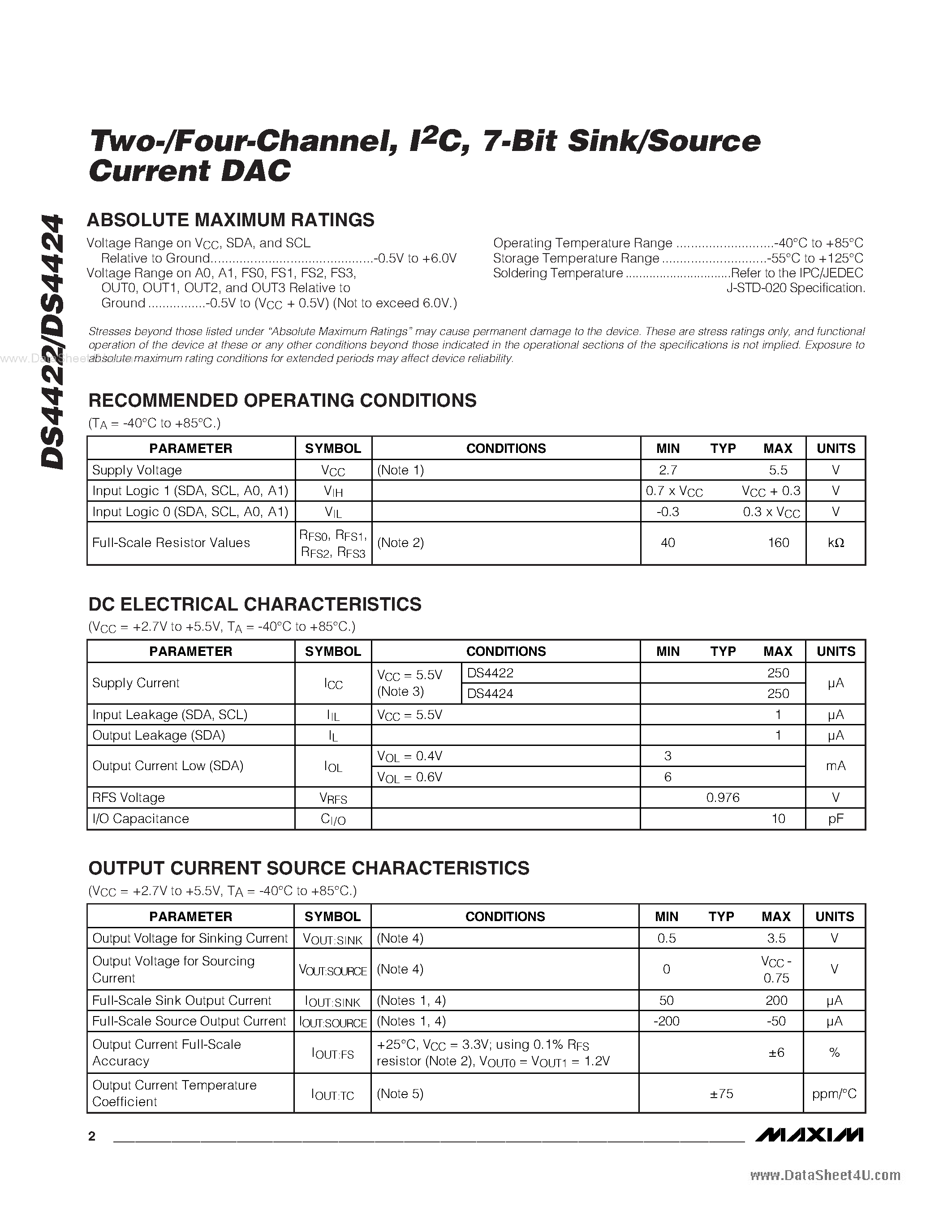 Datasheet DS4422 - (DS4422 / DS4424) 7-Bit Sink/Source Current DAC page 2
