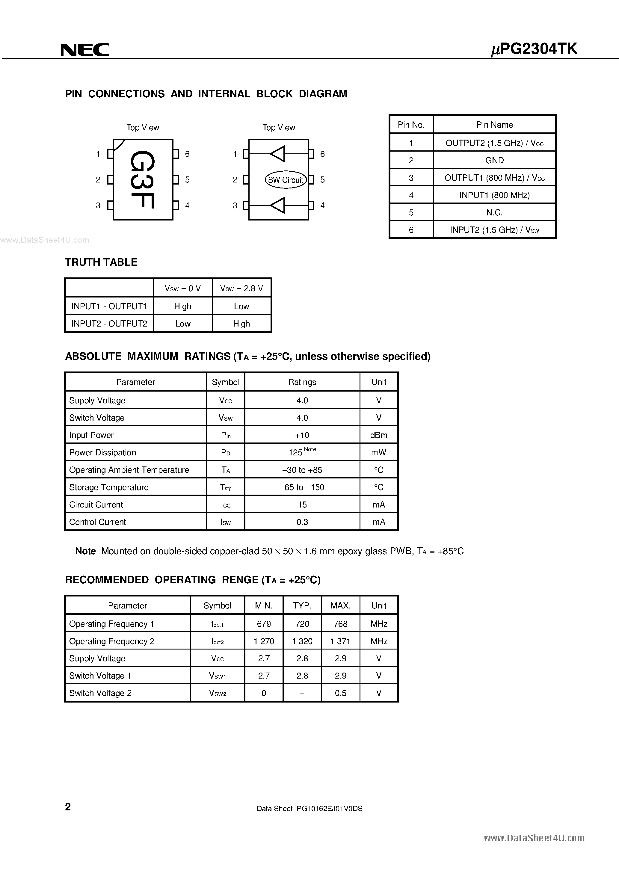 Datasheet UPG2304TK - L-BAND VCO LOCAL BUFFER AMPLIFIER page 2