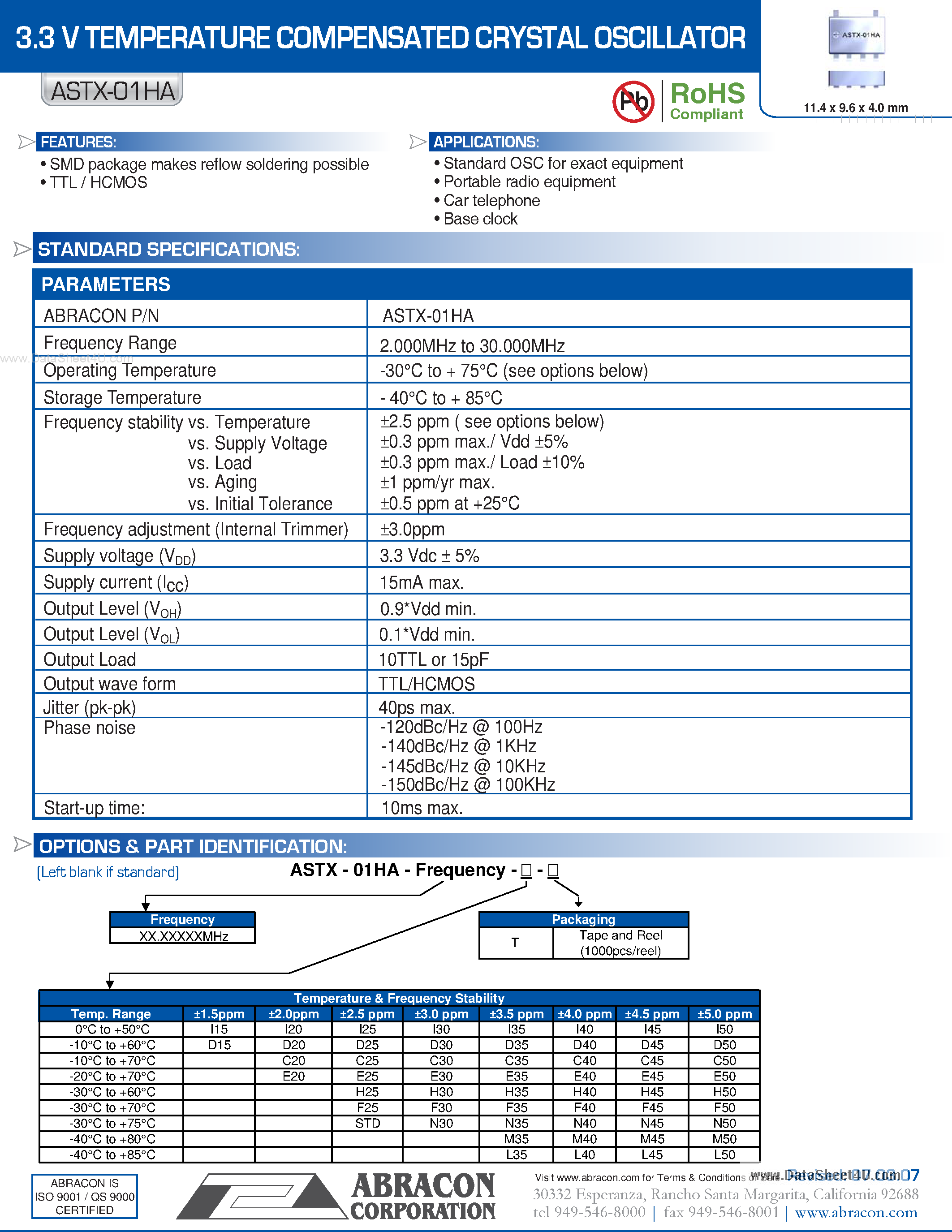 Datasheet ASTX-01HA - 3.3 V TEMPERATURE COMPENSATED CRYSTAL OSCILLATOR page 1