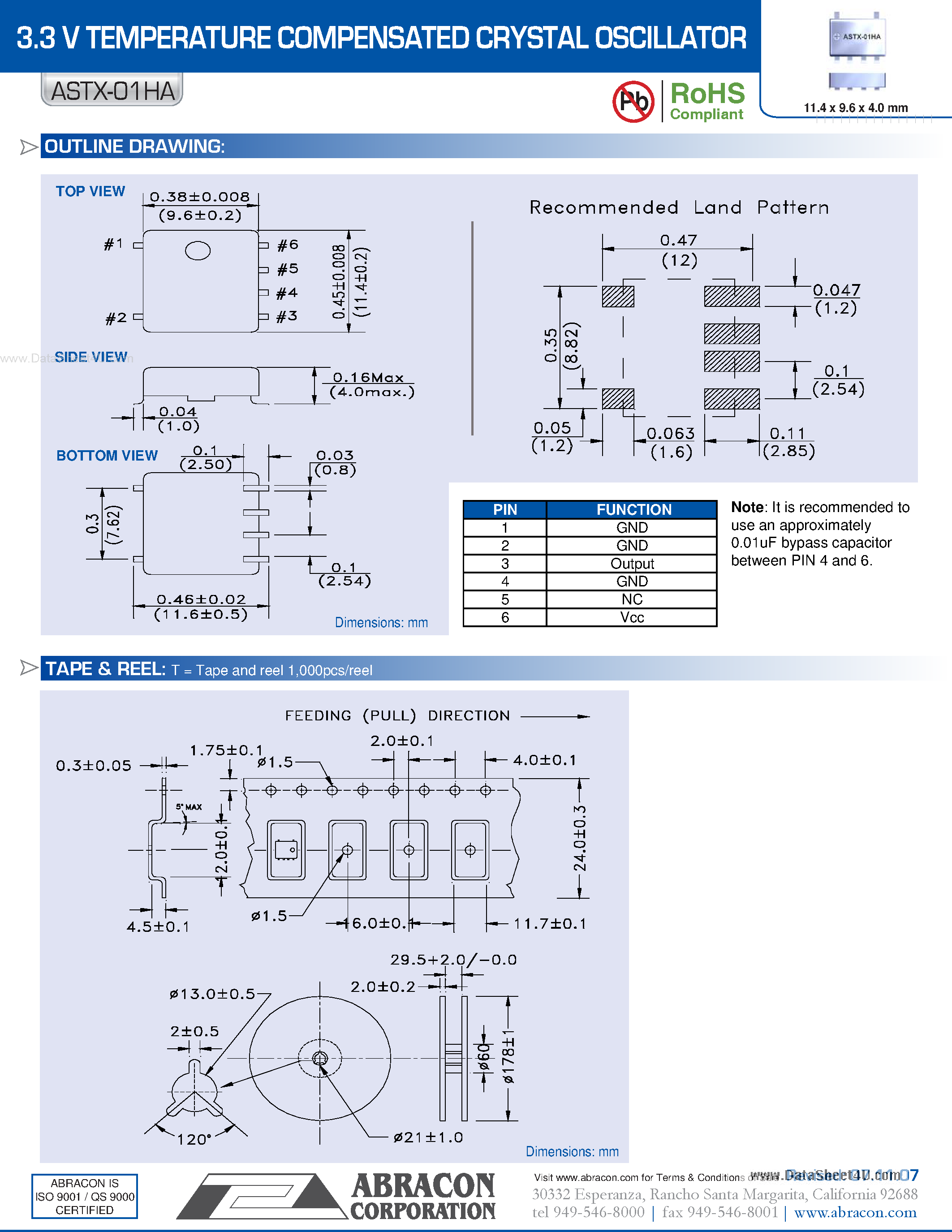 Datasheet ASTX-01HA - 3.3 V TEMPERATURE COMPENSATED CRYSTAL OSCILLATOR page 2