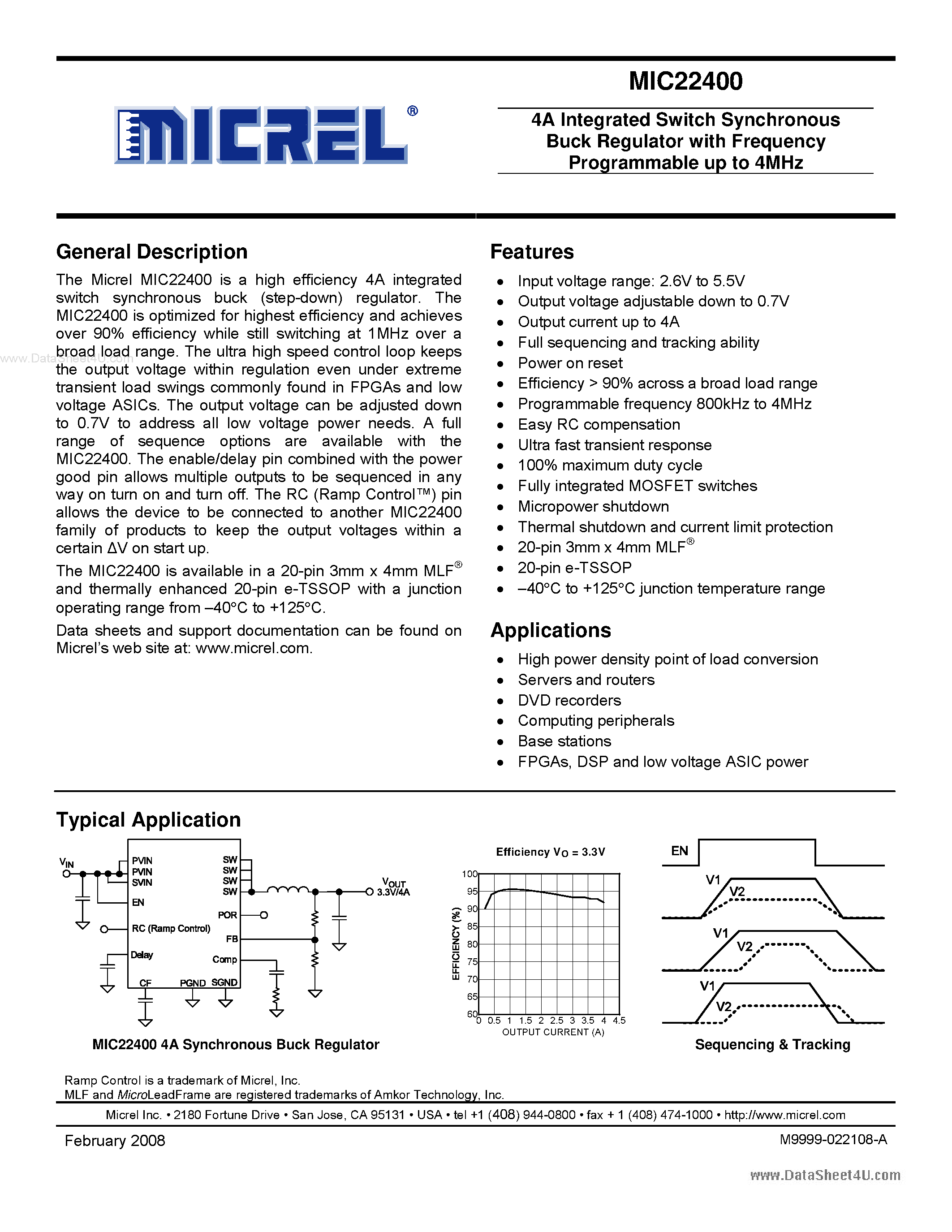 Datasheet MIC22400 - 4A Integrated Switch Synchronous Buck Regulator page 1