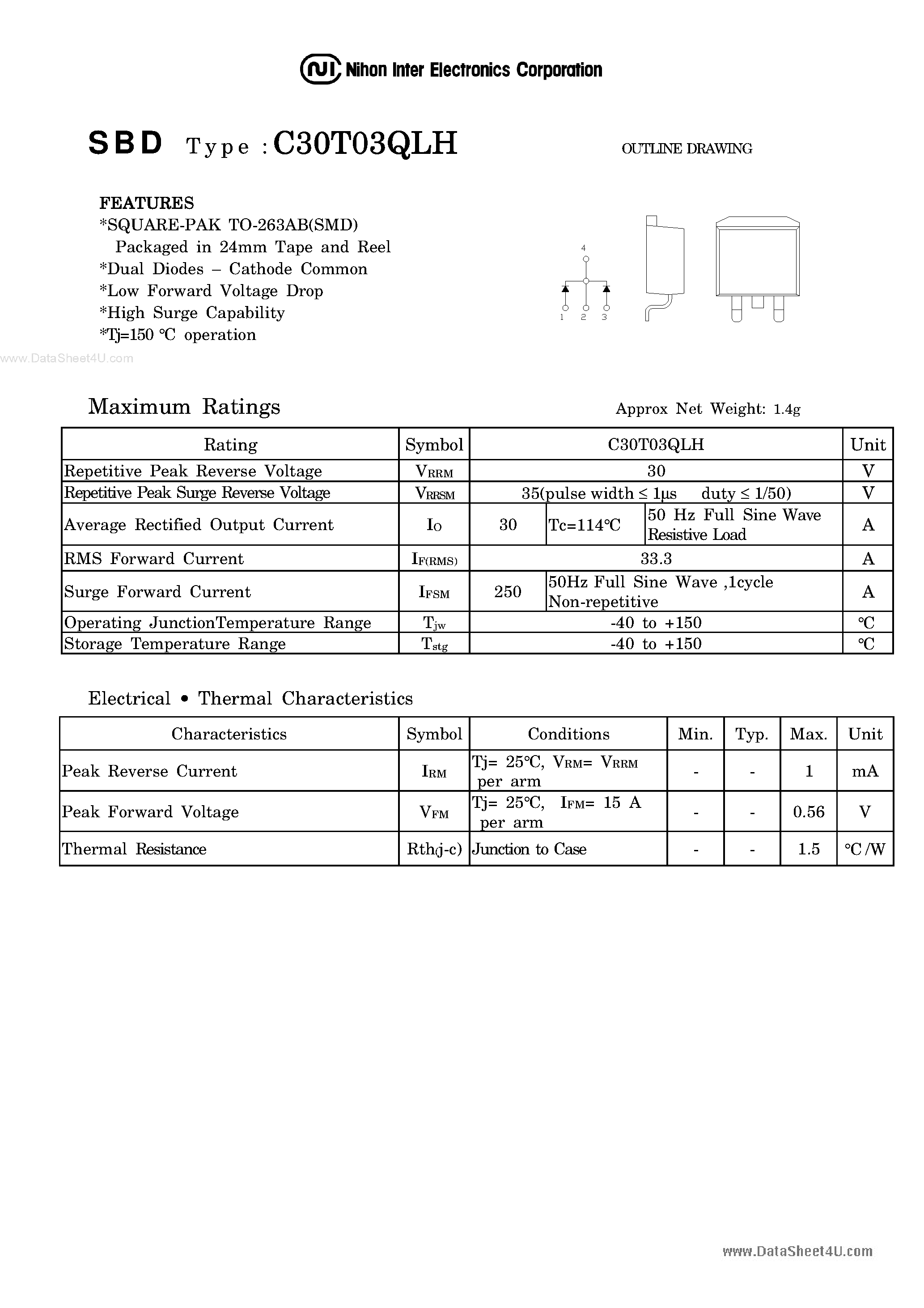 Datasheet C30T03QLH page 1 Datasheet C30T03QLH - Schottky Barrier Diode page 1