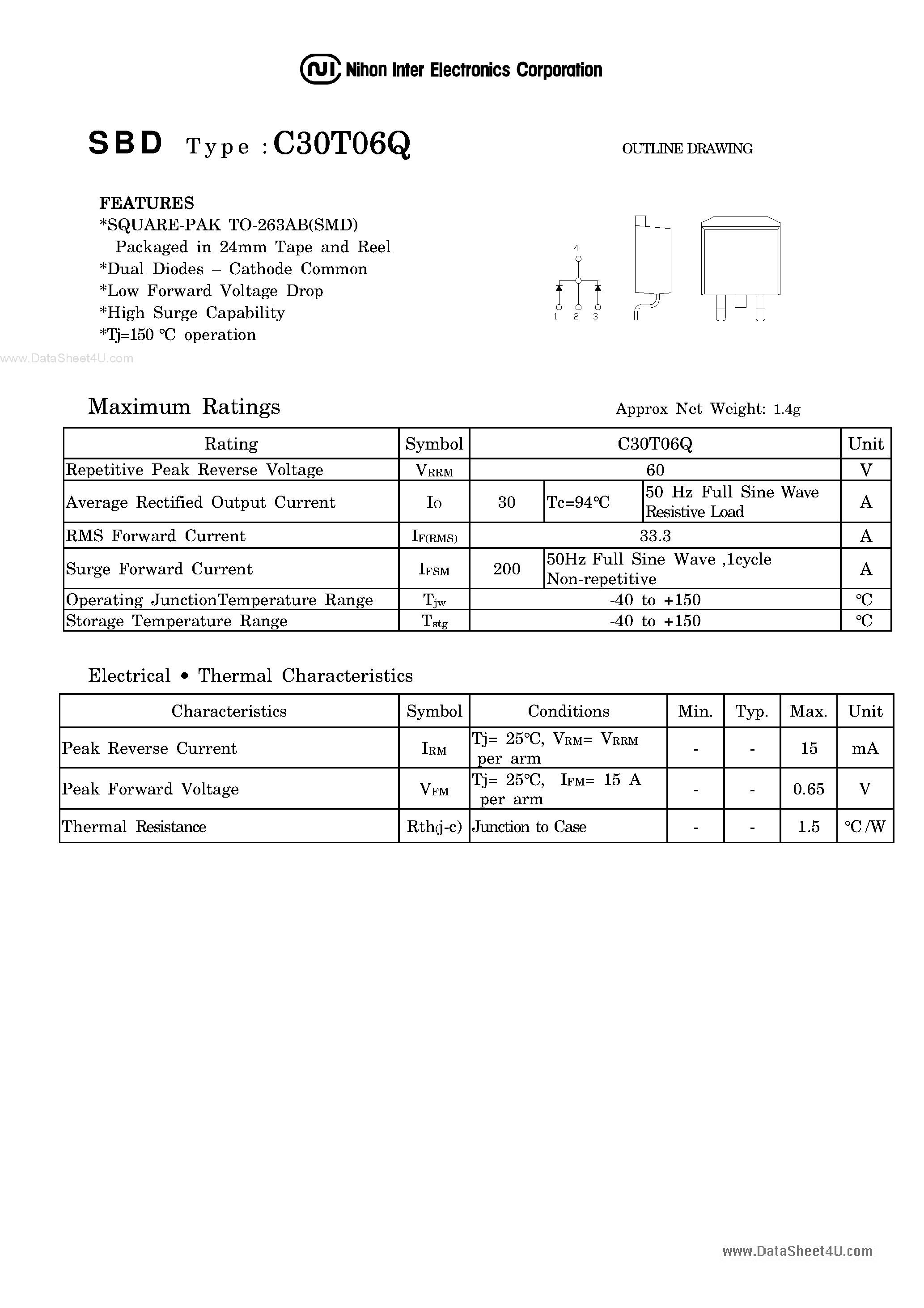Datasheet C30T06Q page 1 Datasheet C30T06Q - Schottky Barrier Diode page 1