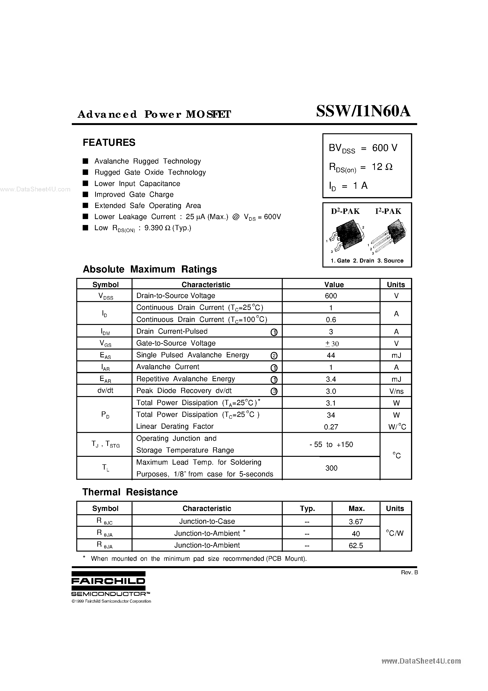 Даташит SSI1N60A - Advanced Power MOSFET страница 1