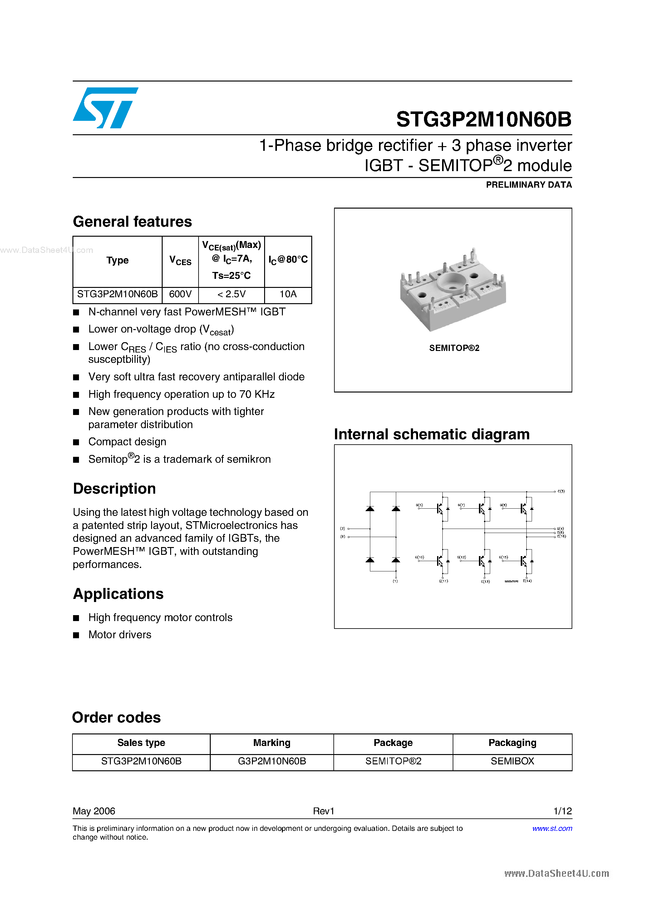 Datasheet STG3P2M10N60B - 1-Phase bridge rectifier + 3 phase inverter IGBT - SEMITOP2 module page 1